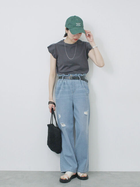 Samansa Mos2 blue「ハシゴレース付きフレンチTシャツ」|Tシャツ・カットソー|