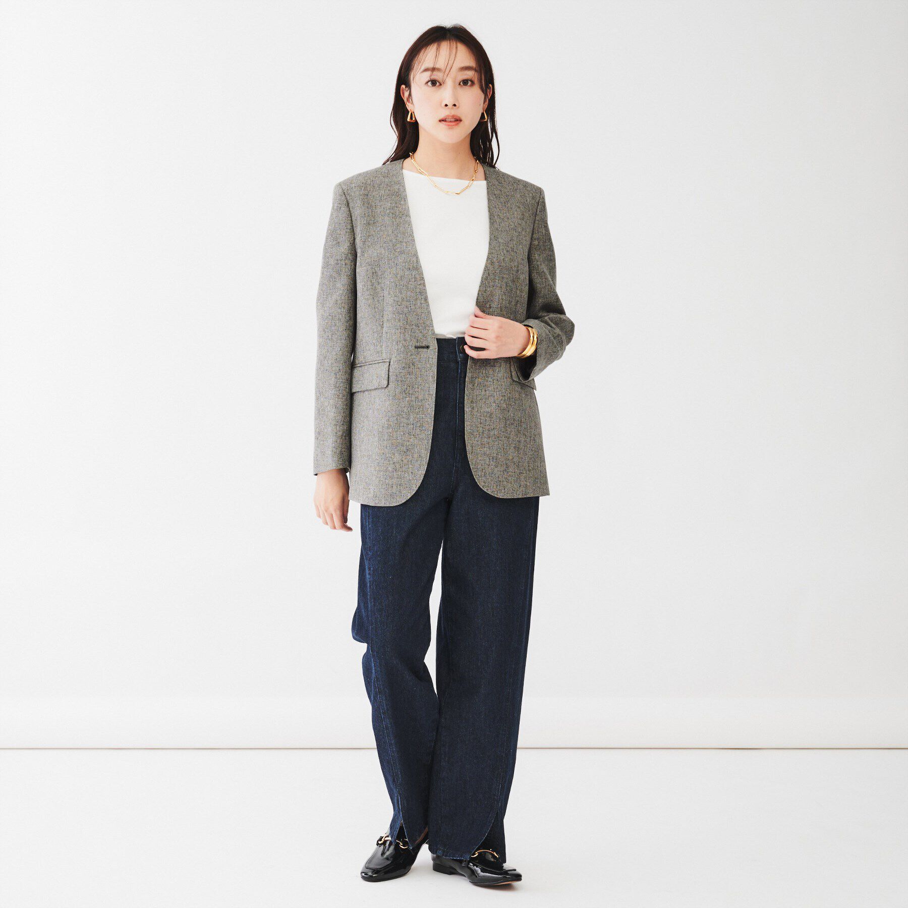 UNTITLED「【ツイードライク/セットアップ可】 メランジカラーレスジャケット」|ノーカラージャケット|