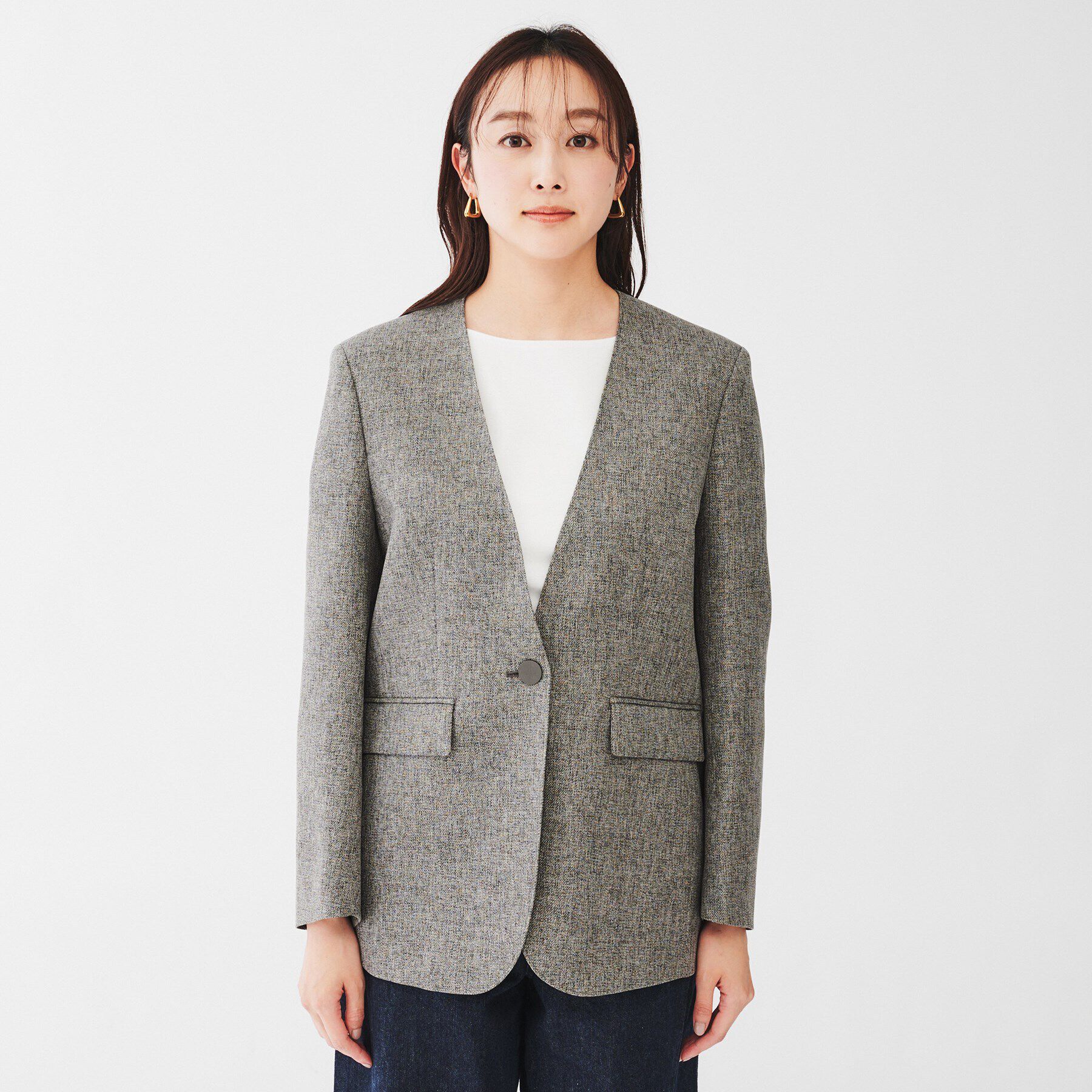 UNTITLED「【ツイードライク/セットアップ可】 メランジカラーレスジャケット」|ノーカラージャケット|