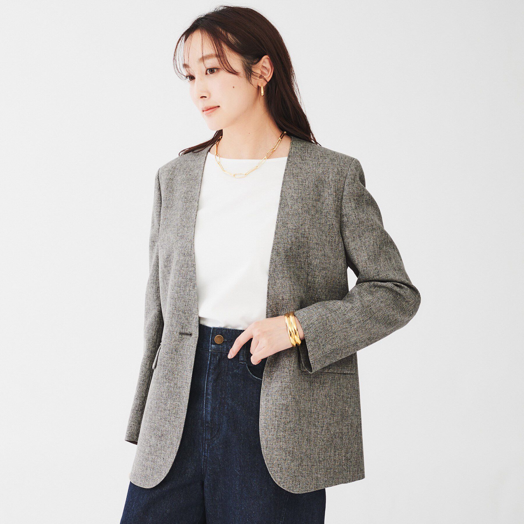 UNTITLED「【ツイードライク/セットアップ可】 メランジカラーレスジャケット」|ノーカラージャケット|