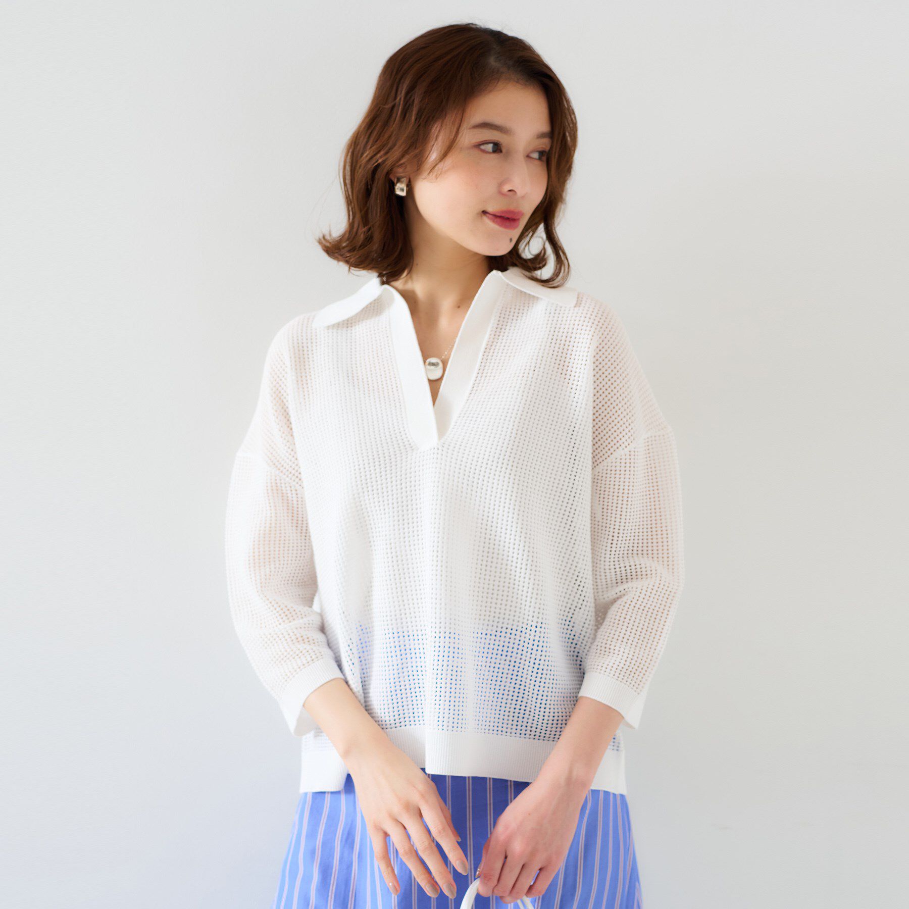 UNTITLED「【七分袖/春夏素材】メッシュ衿付きニット」|ニット・セーター|