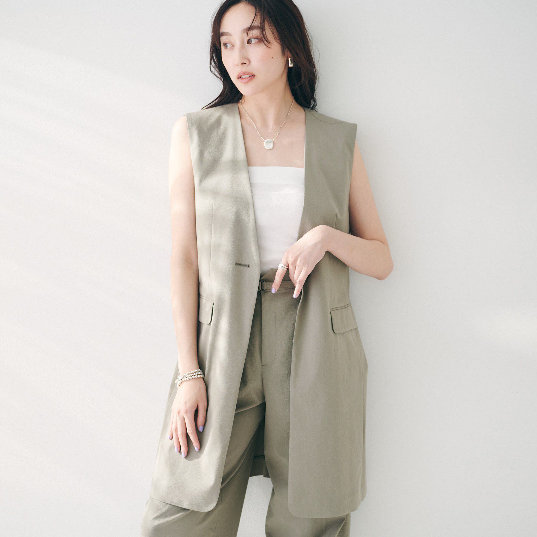 UNTITLED「【セットアップ可能／オンオフ】ラミー混カラーレスジレ」|ベスト・ジレ|オリーブグリーン(0