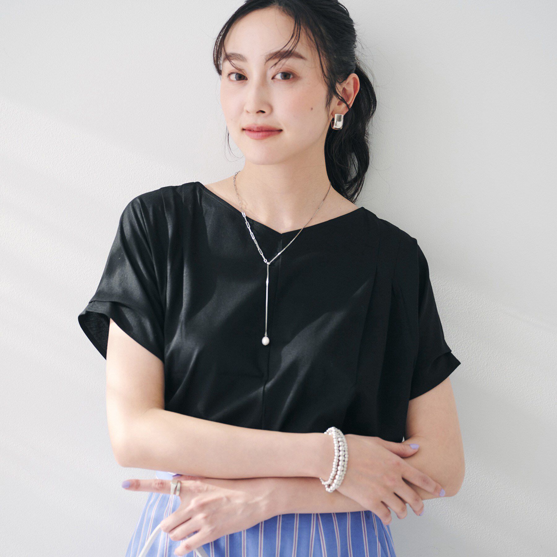 UNTITLED「【洗える】タック入りフレンチスリーブプルオーバー」|Tシャツ・カットソー|ブラック(019)