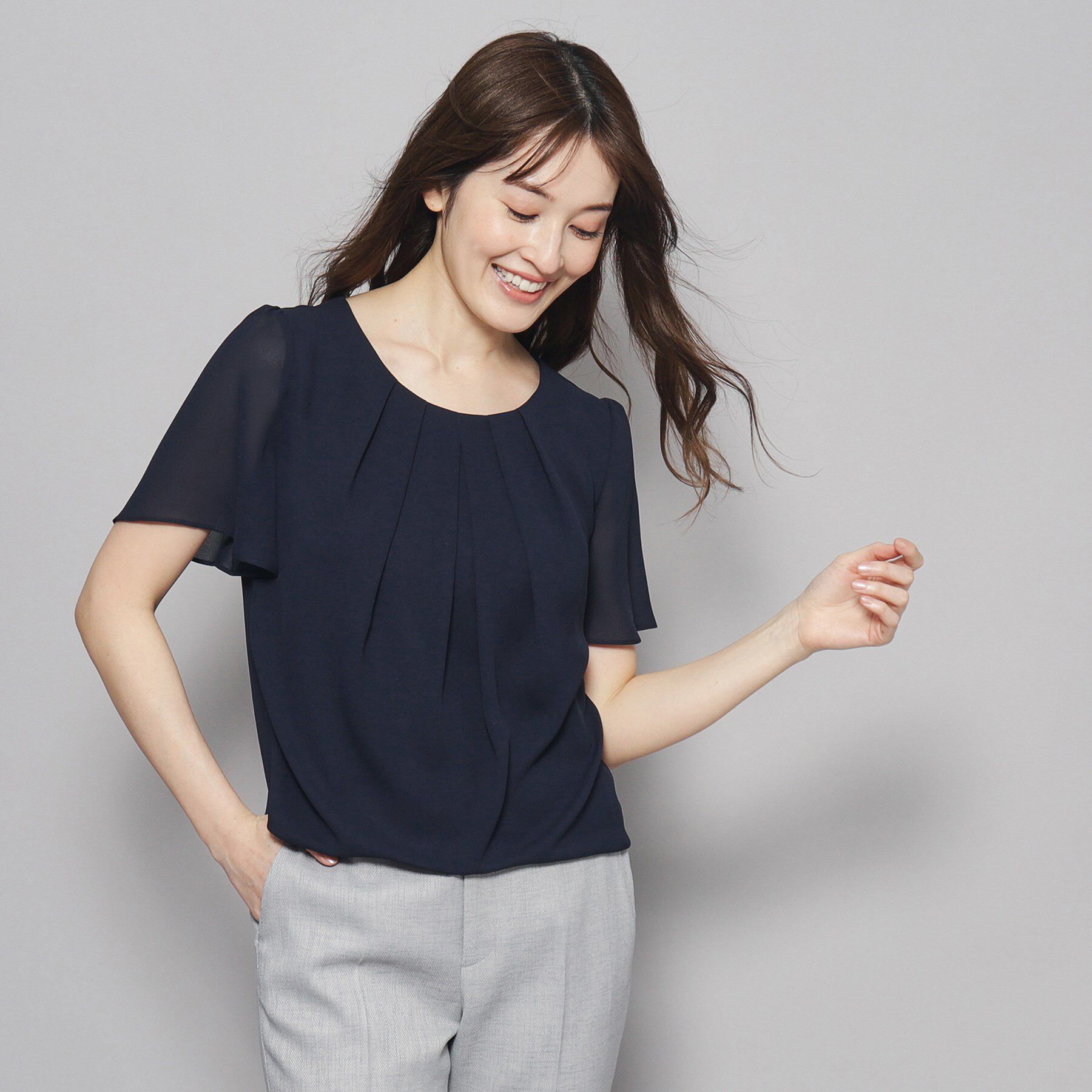 COUP DE CHANCE「【洗える／日本製】フロントタック半袖デザインブラウス」|シャツ・ブラウス|ネイビー(094)