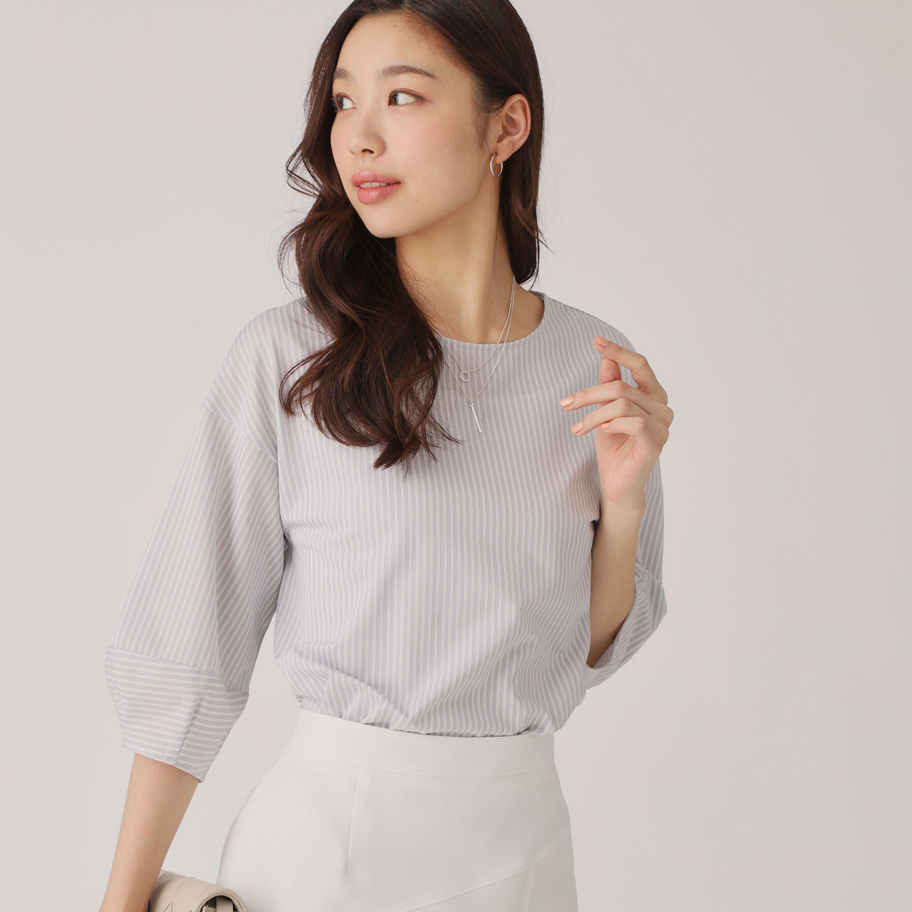 COUP DE CHANCE「【洗える／日本製／】ストライプ柄ジャージのトップス」|Tシャツ・カットソー|ライトグレー(311