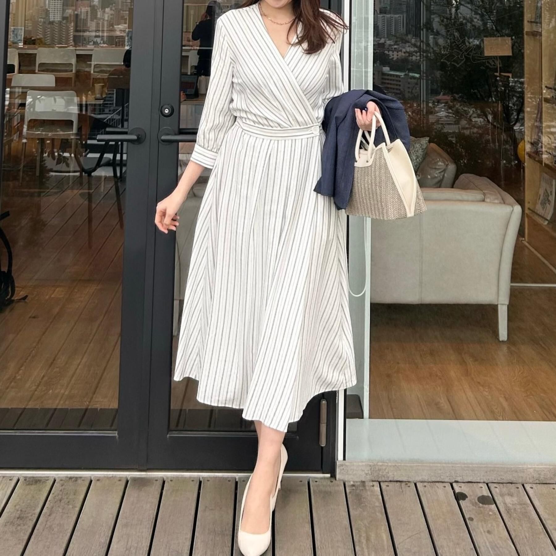 COUP DE CHANCE「【洗える】ストライプ柄 カシュクールワンピース」|ワンピース|