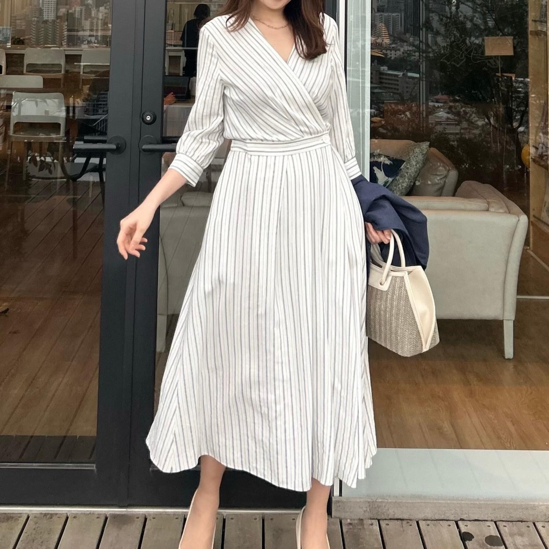 COUP DE CHANCE「【洗える】ストライプ柄 カシュクールワンピース」|ワンピース|