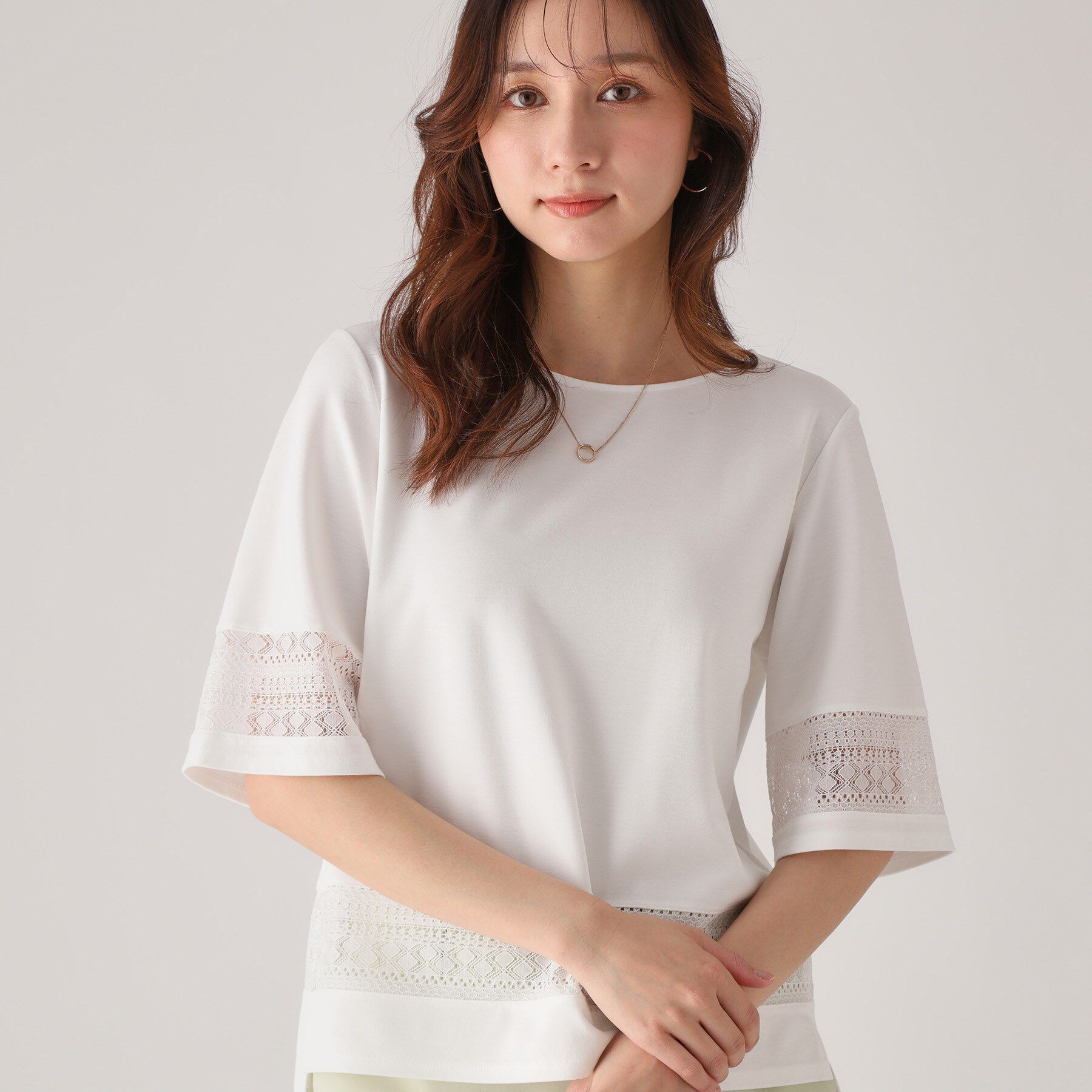 COUP DE CHANCE「【洗える／日本製】レース使いジャージトップス」|Tシャツ・カットソー|ホワイト(001)