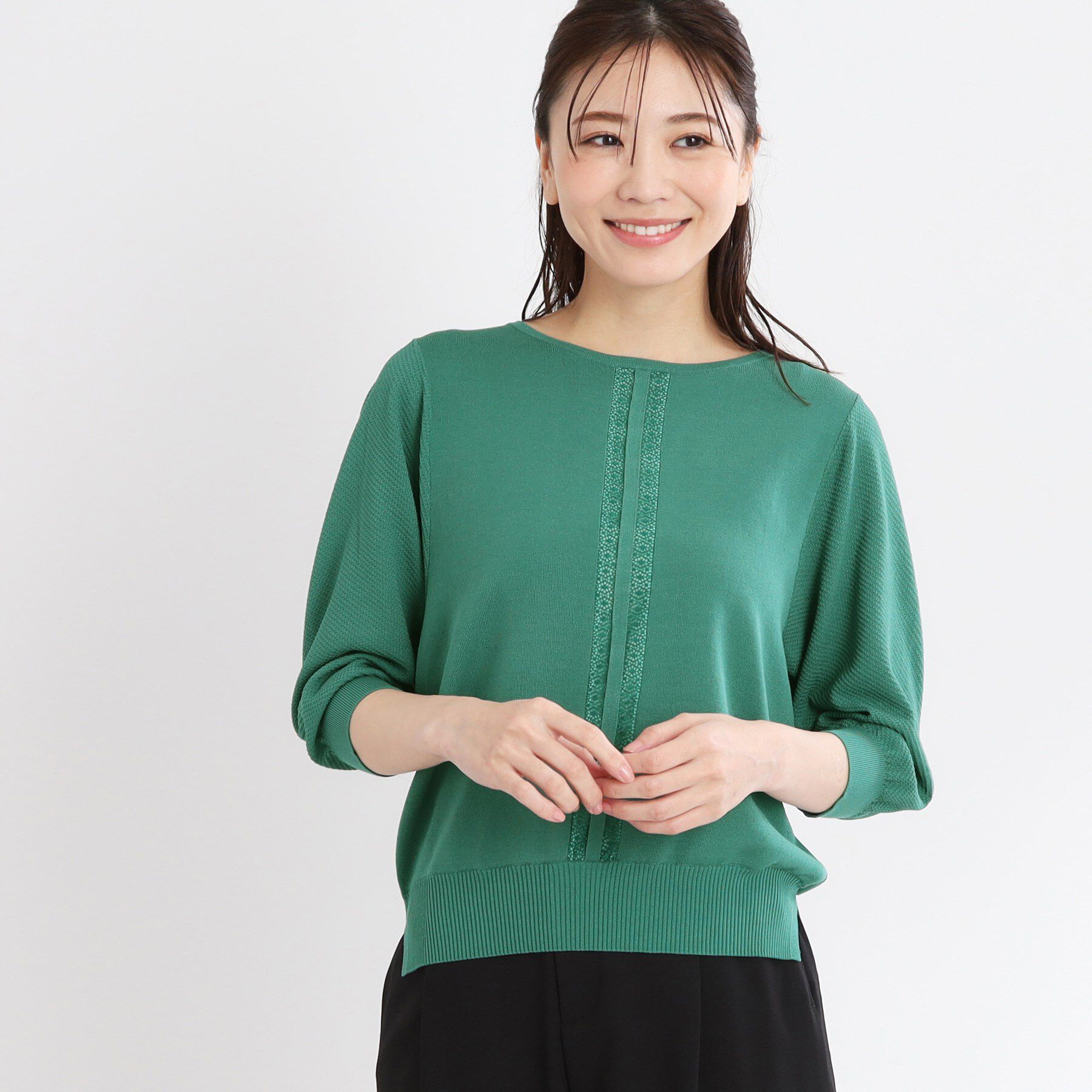 Reflect「【接触冷感／洗える／ジャケットインナーにおすすめ】レースデザインニット」|ニット・セーター|グリーン(022)