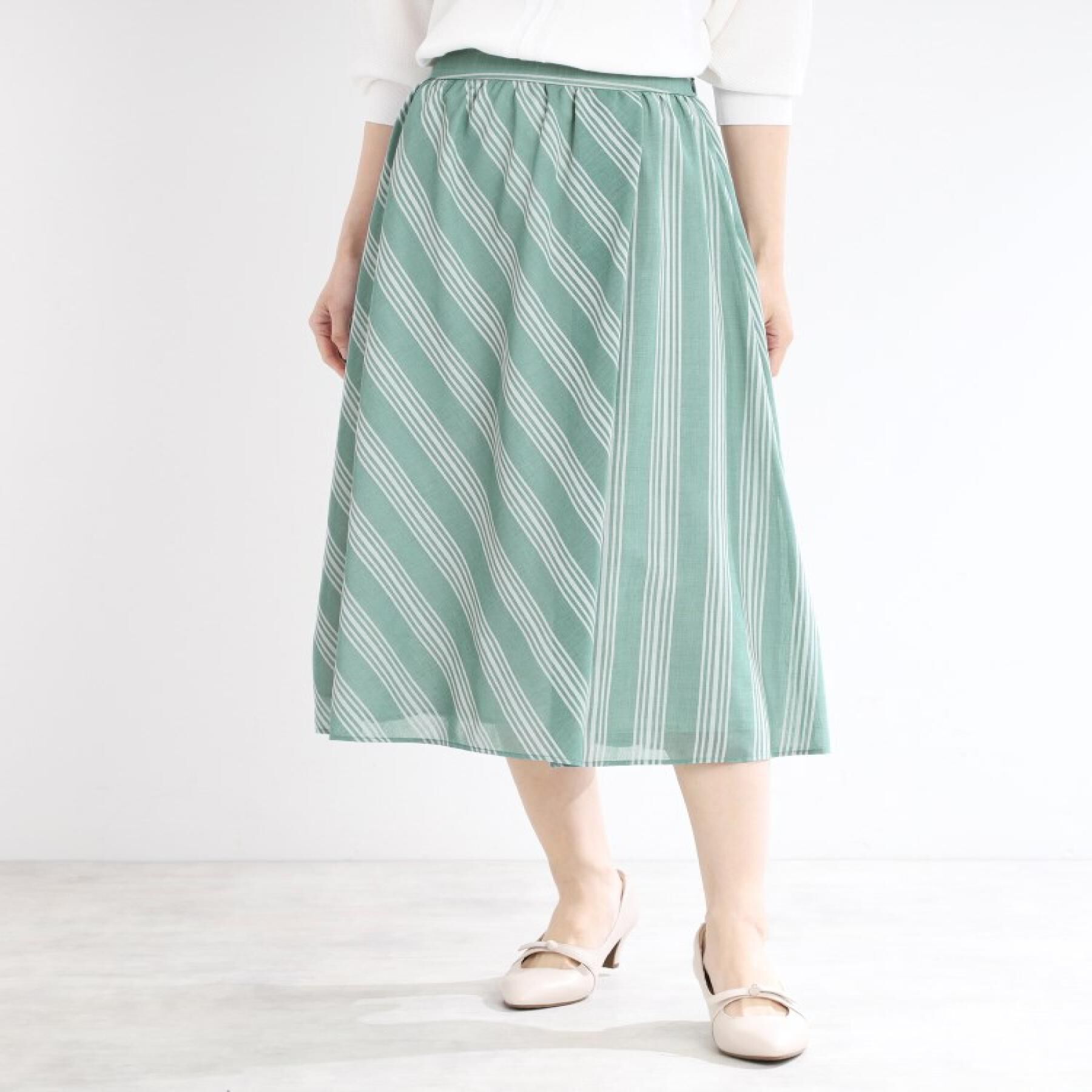 Reflect「【手洗い可】ストライプ柄シアースカート」|スカート|グリーン(322)