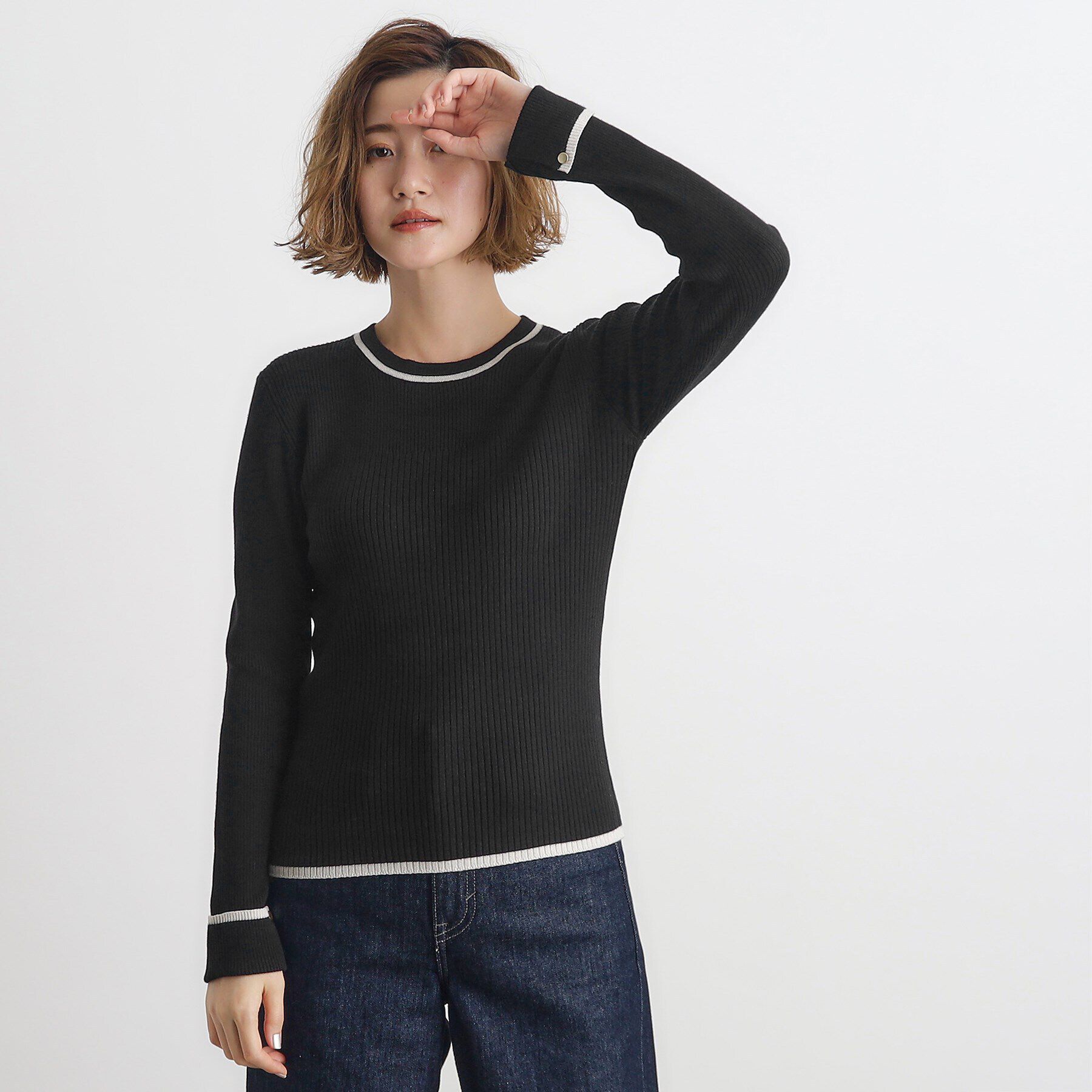 grove「ラメライン折り返しカフス袖ニットプルオーバー」|ニット・セーター|ブラック(019)