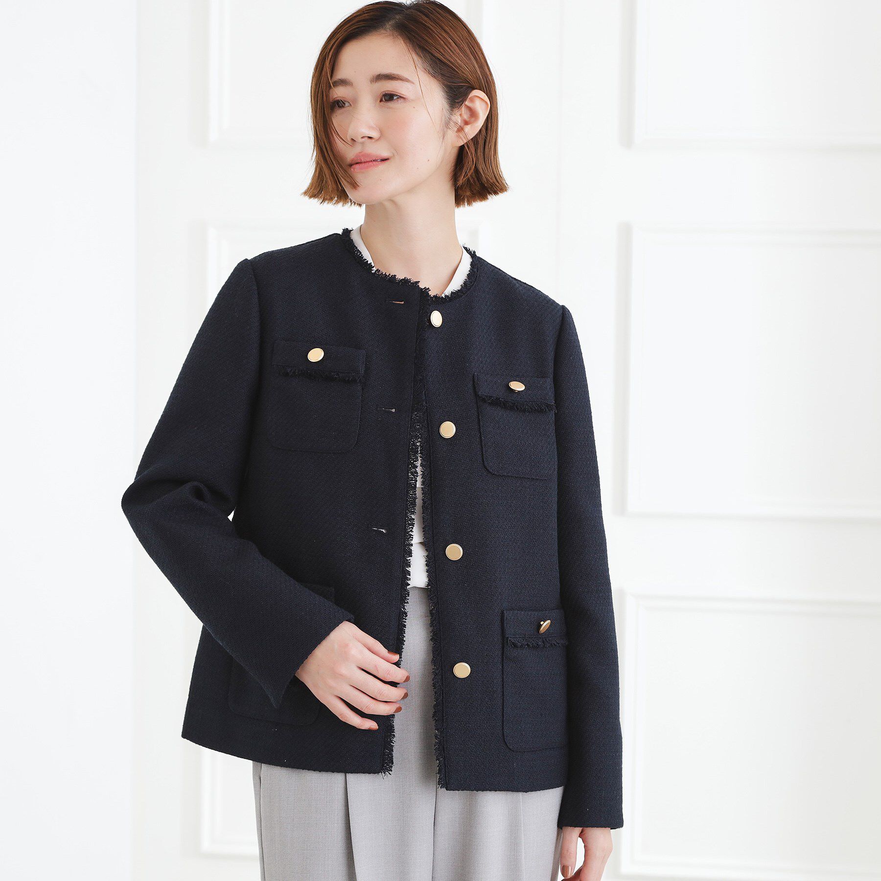 grove「ミドルツイードジャケット」|ノーカラージャケット|ネイビー(094)