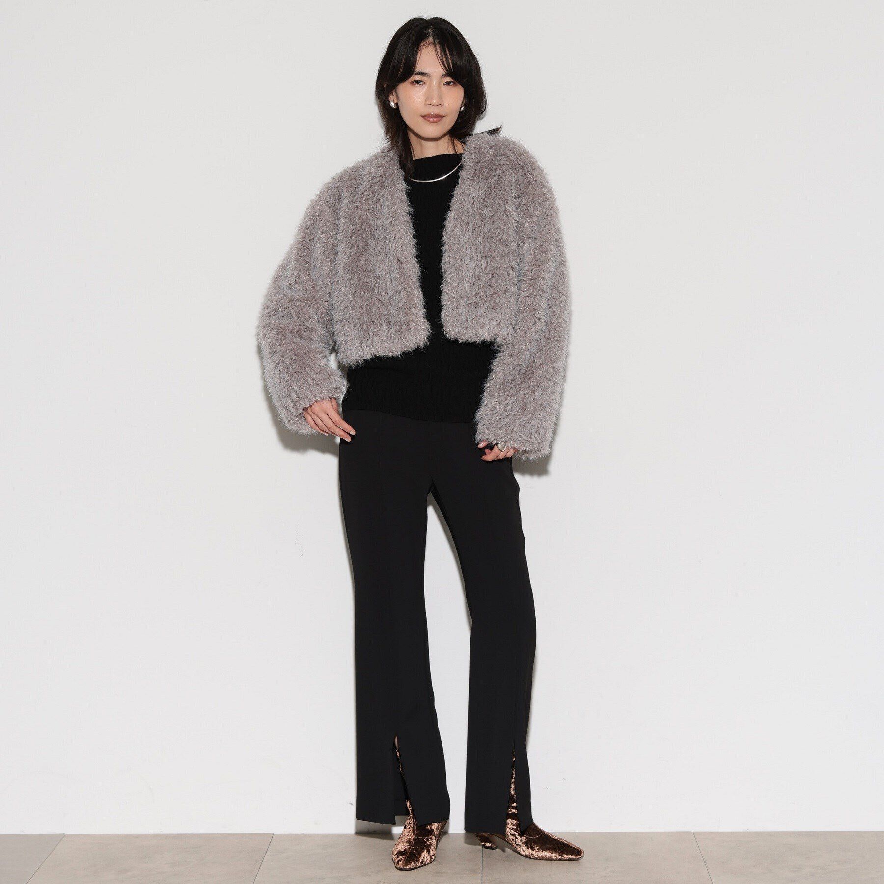 GALLEST「フェイクファーボレロジャケット」|ノーカラージャケット|