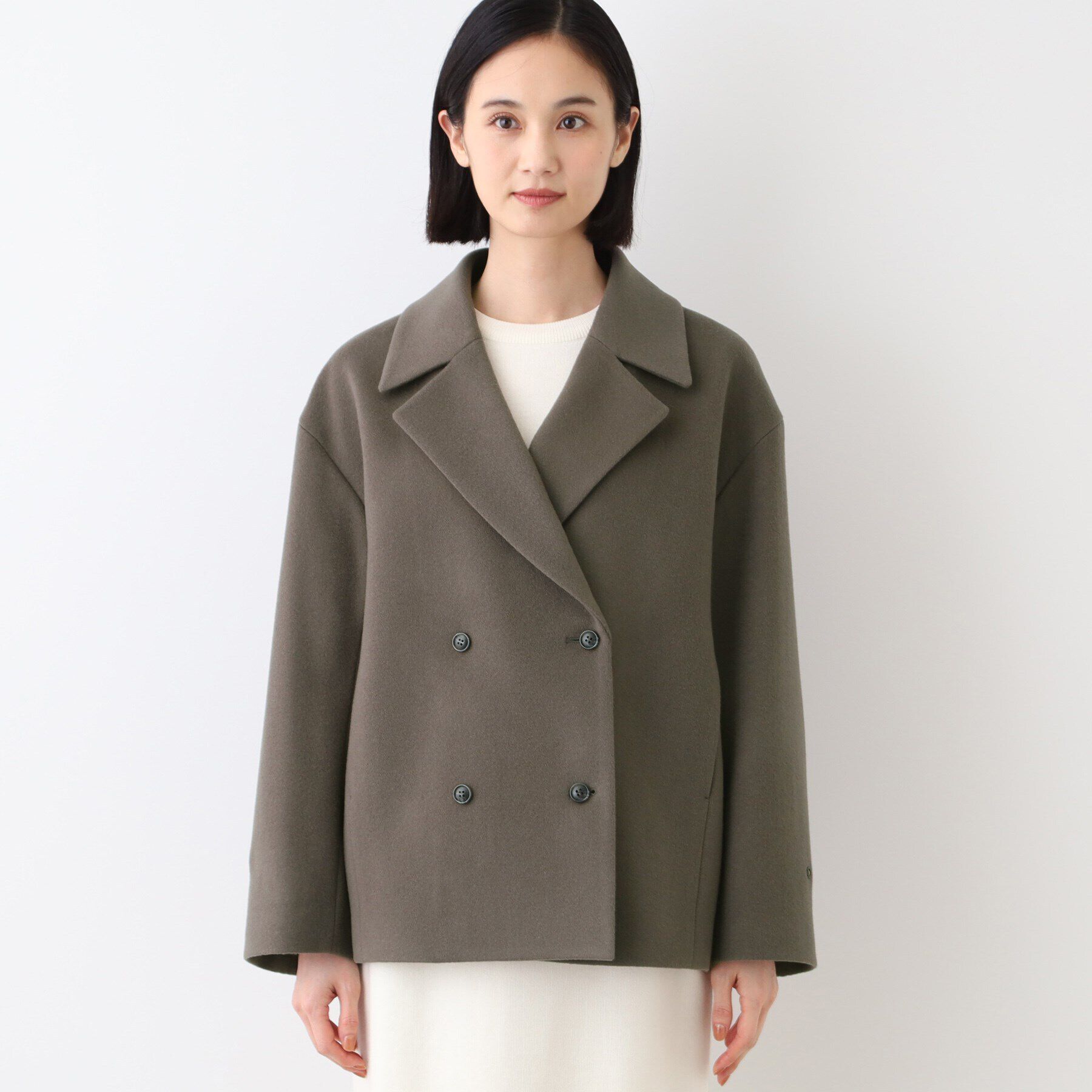 INDIVI「【日本製】ベルト付フォルムショートコート」|ピーコート|