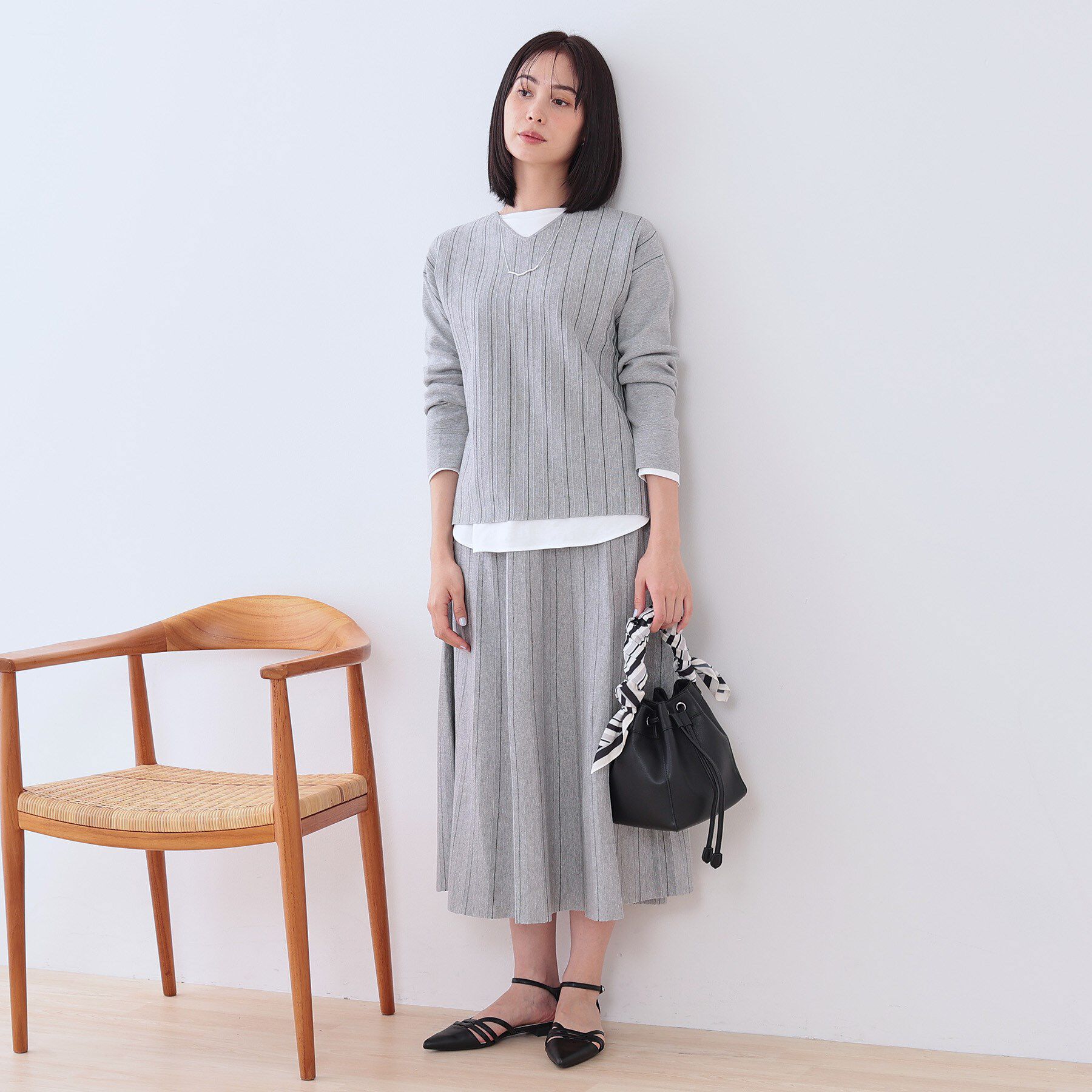 INDIVI「【洗える/SETUP可能】Vネックストライプ柄ニットプルオーバー」|ニット・セーター|