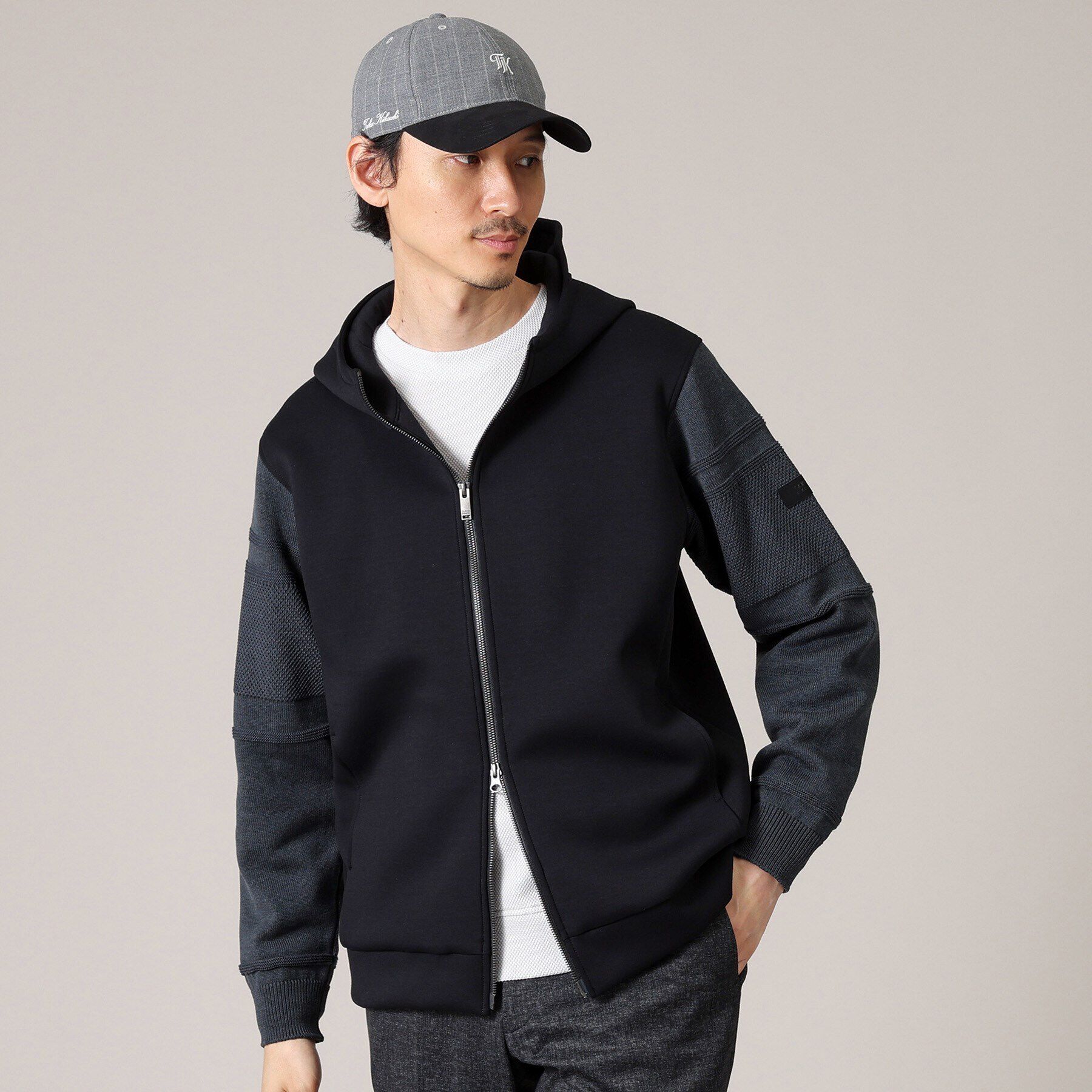 TAKEO KIKUCHI「【Made in JAPAN】ニットスリーブ ジップアップ パーカ」|パーカー|ブラック(019)