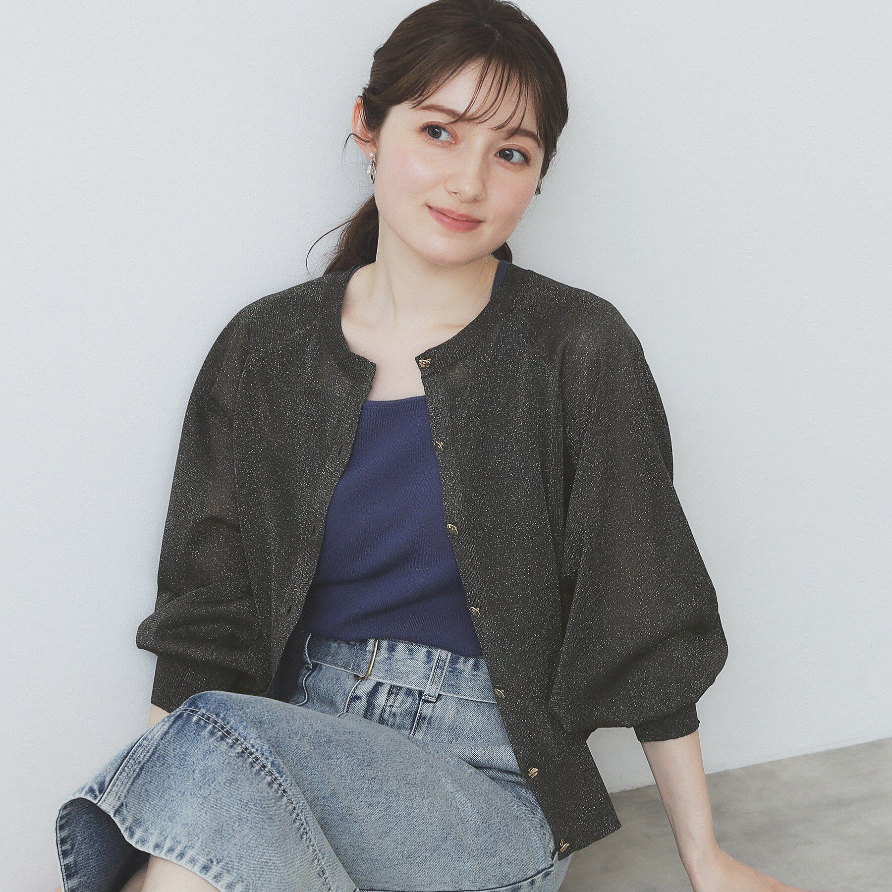 index「シアーラメドルマンショートカーディガン【洗濯機洗い可】」|カーディガン|チャコールグレー(0