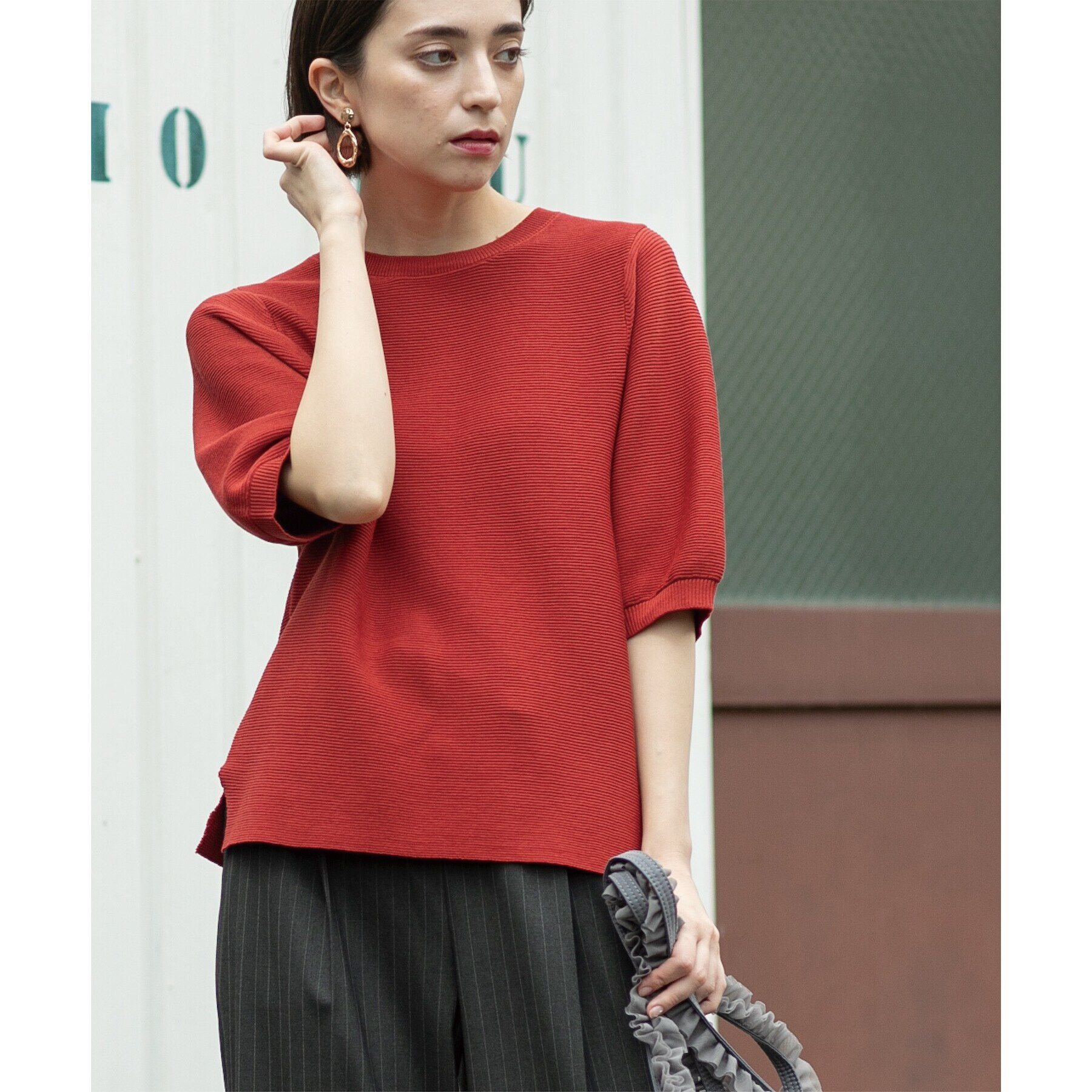 OPAQUE.CLIP「《6color/S-LLsize》ガーターボリュームスリーブニット【洗濯機洗い可/UVケア】」|ニット・セーター|オレンジ(069)