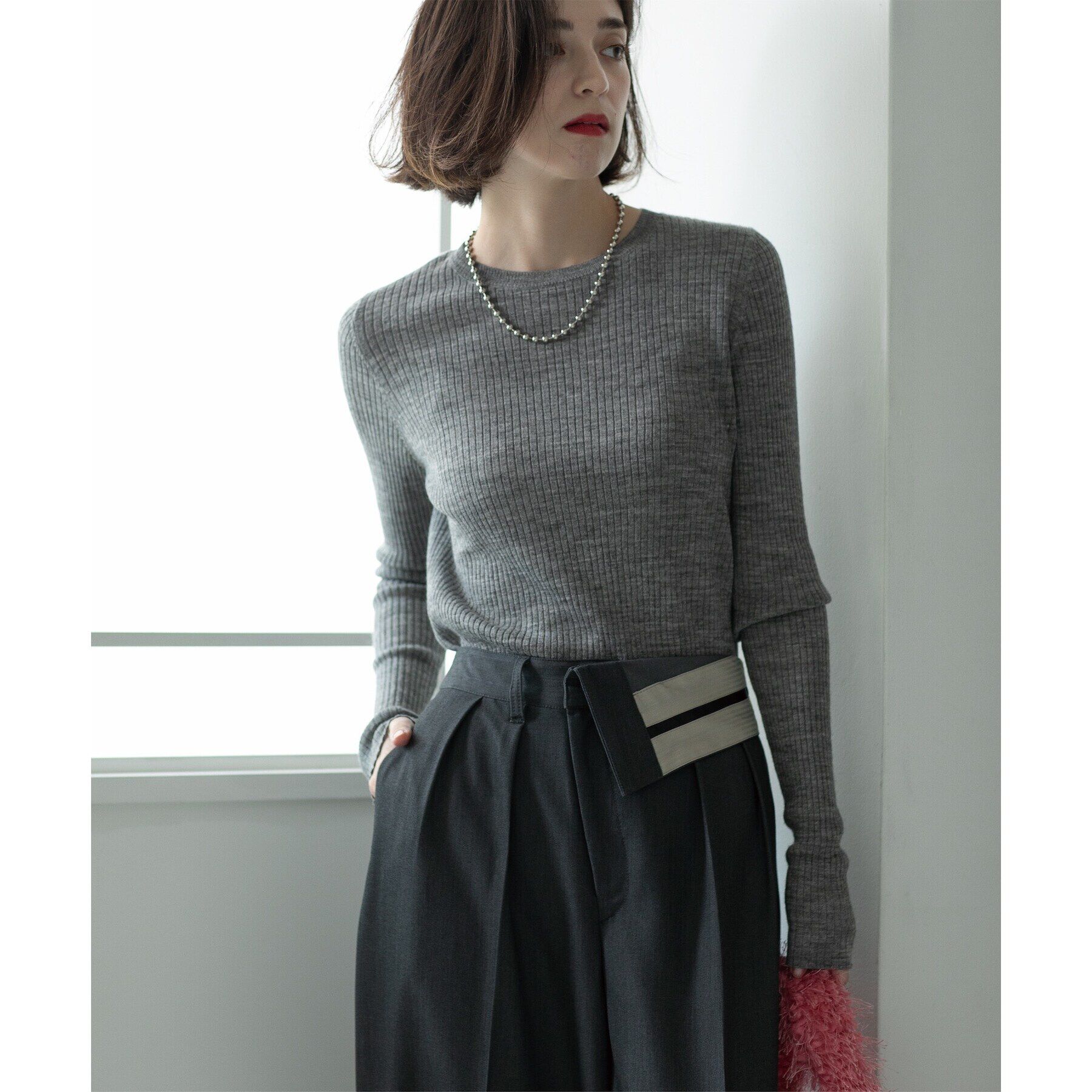 OPAQUE.CLIP「《5color》クルーネックシアーリブニット【洗濯機洗い可】」|ニット・セーター|