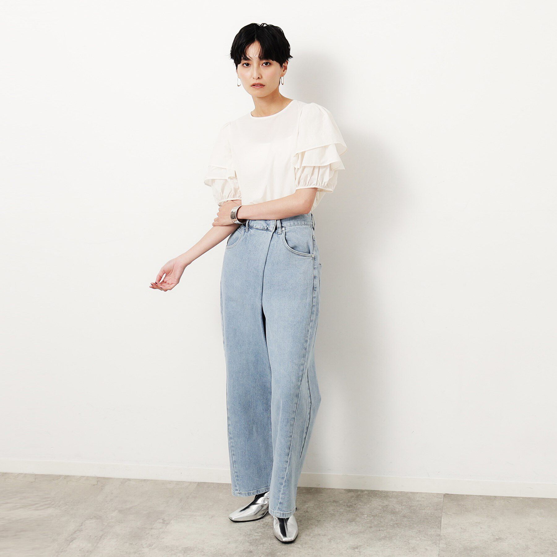 OPAQUE.CLIP「ストレッチラップデザインワイドデニム／オーガニックコットン混【洗濯機洗い可】」|デニム|