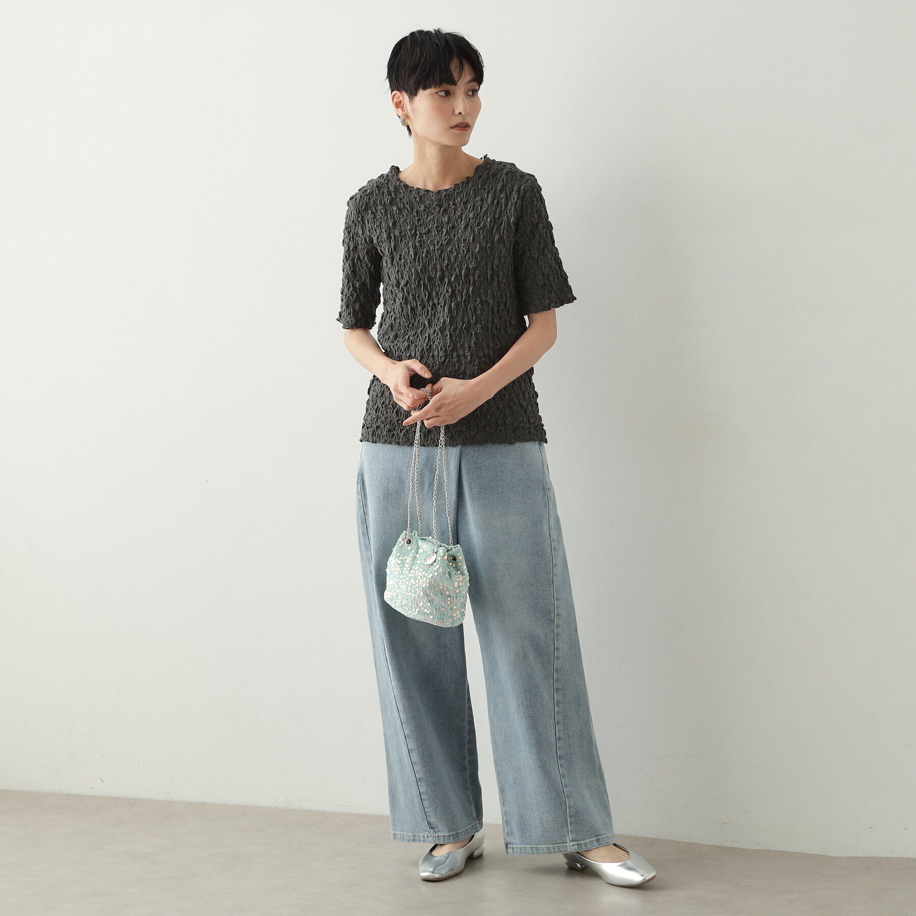 OPAQUE.CLIP「シャーリングレース5分袖カットソー【洗濯機洗い可】」|Tシャツ・カットソー|