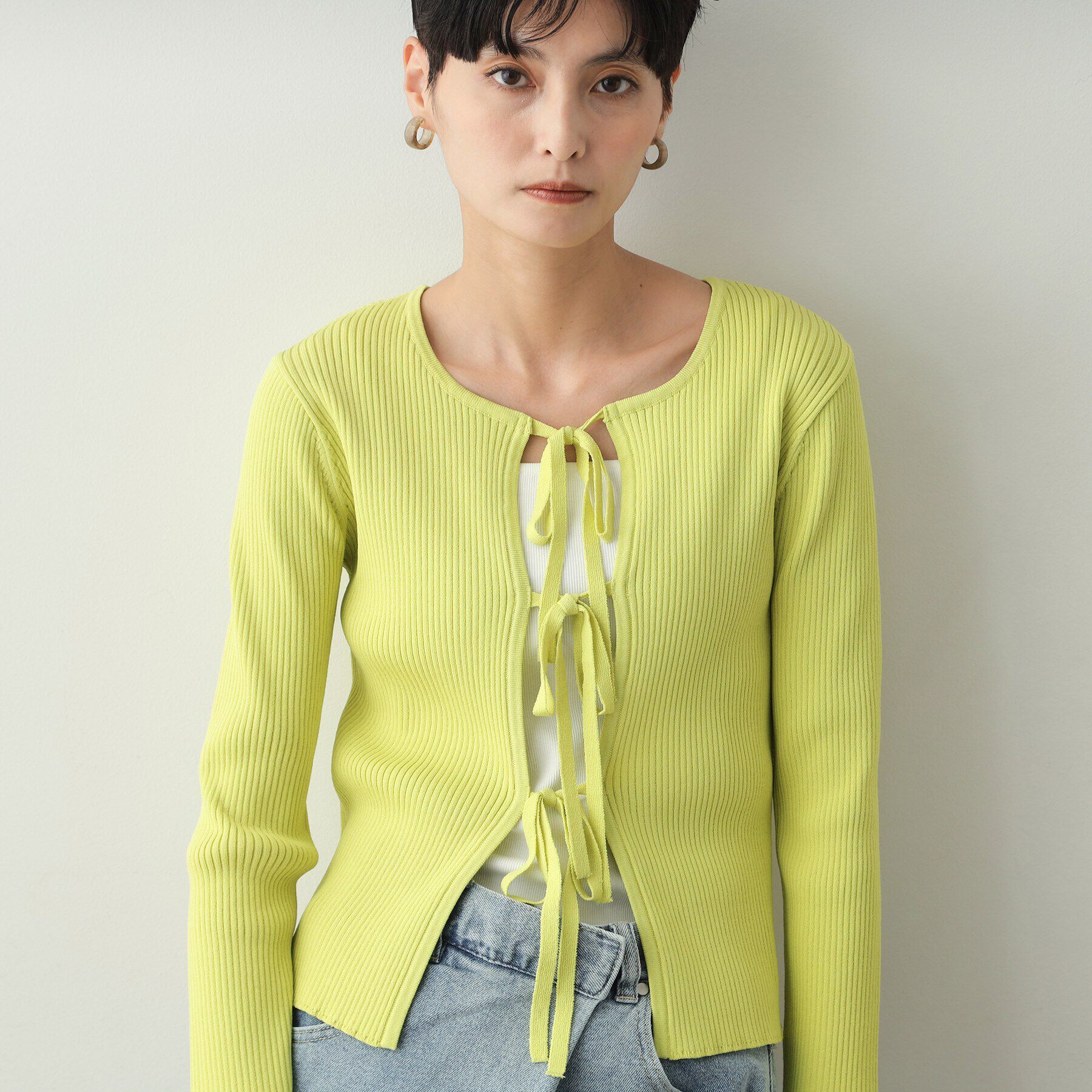 OPAQUE.CLIP「フロントリボン リブカーディガン【洗える/抗ピル】」|カーディガン|イエロー(032)