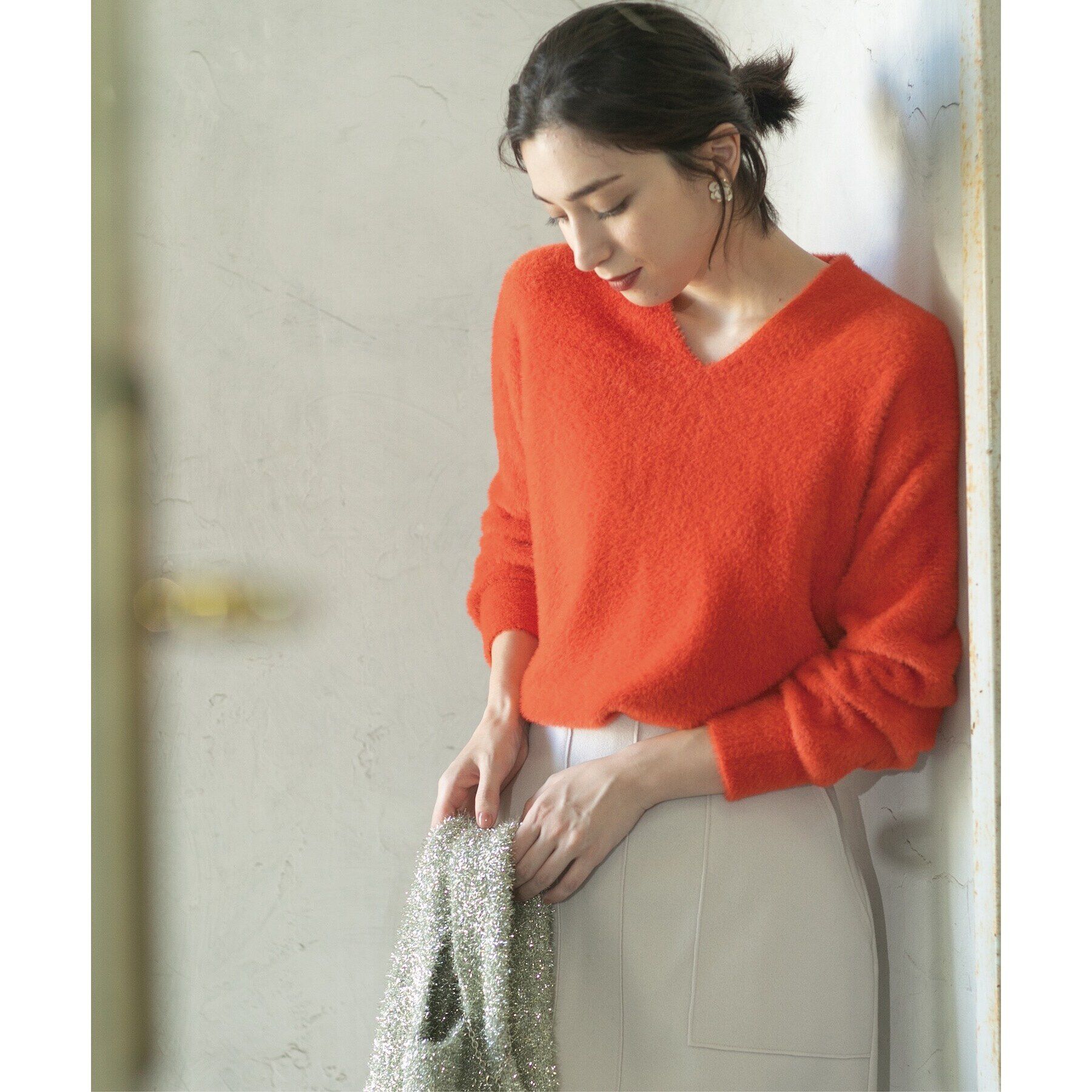OPAQUE.CLIP「《5color/S-LLsize》フェザーヤーンVネックニット【洗濯機洗い可／抗ピル】」|ニット・セーター|オレンジ(067)