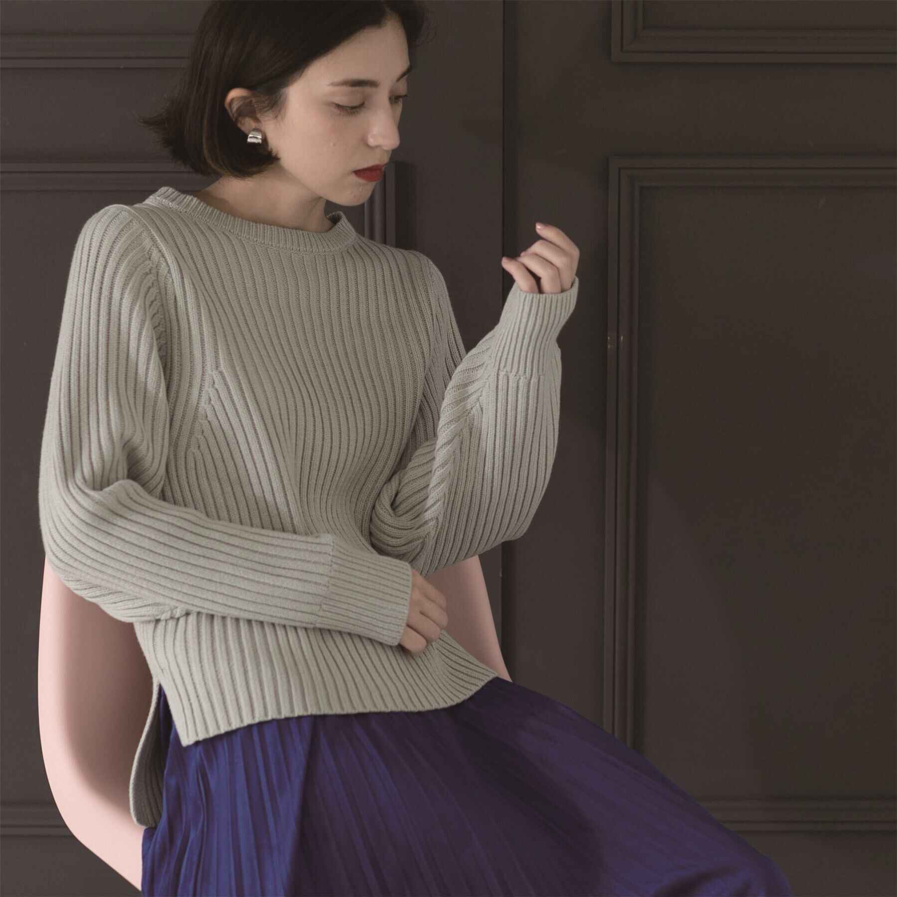 OPAQUE.CLIP「《7color》ボリュームスリーブリブニット【洗濯機洗い可】」|ニット・セーター|グレー(012)