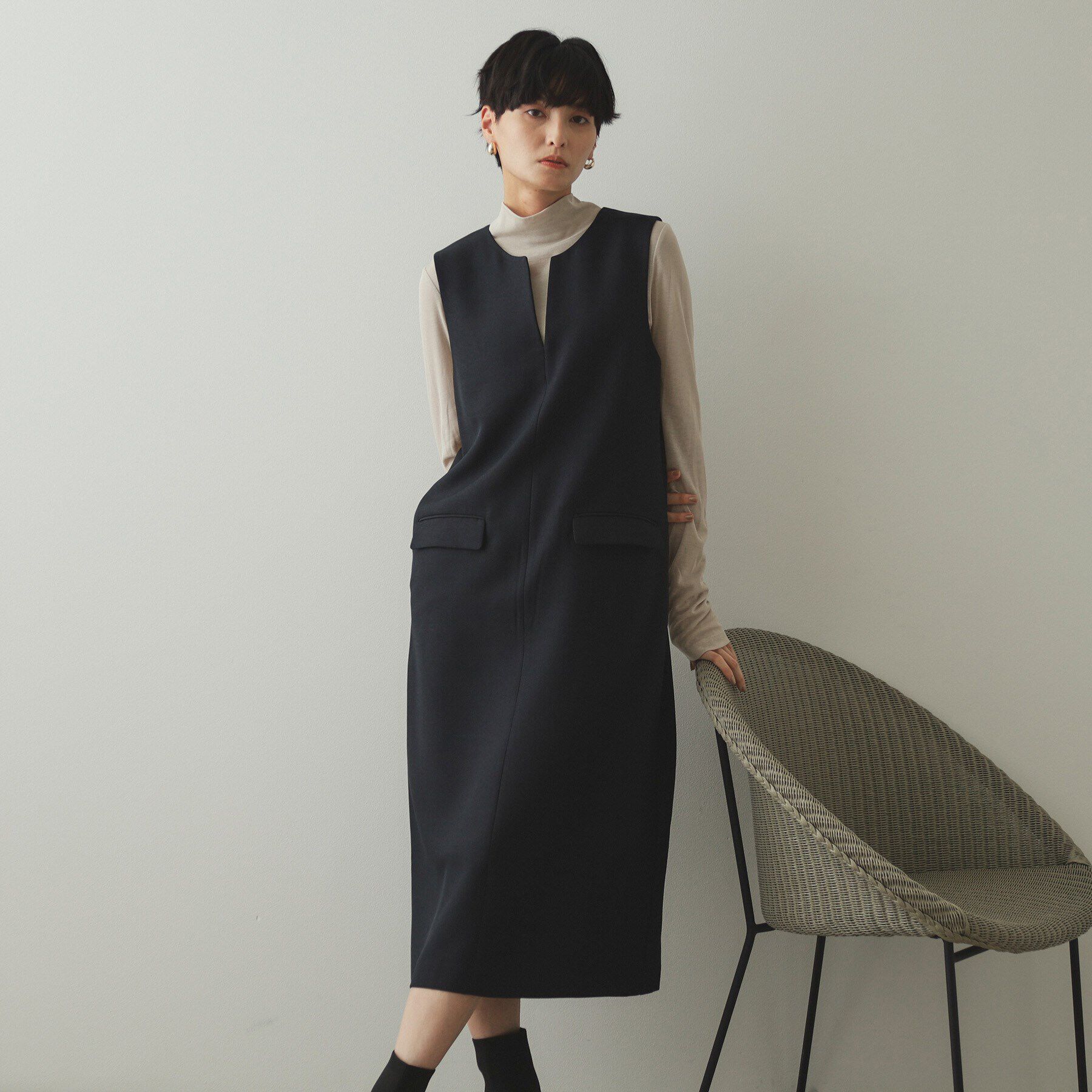 OPAQUE.CLIP「キーネックIラインジャンスカ【洗える/ストレッチ/抗ピル】」|ワンピース|ネイビー(094)