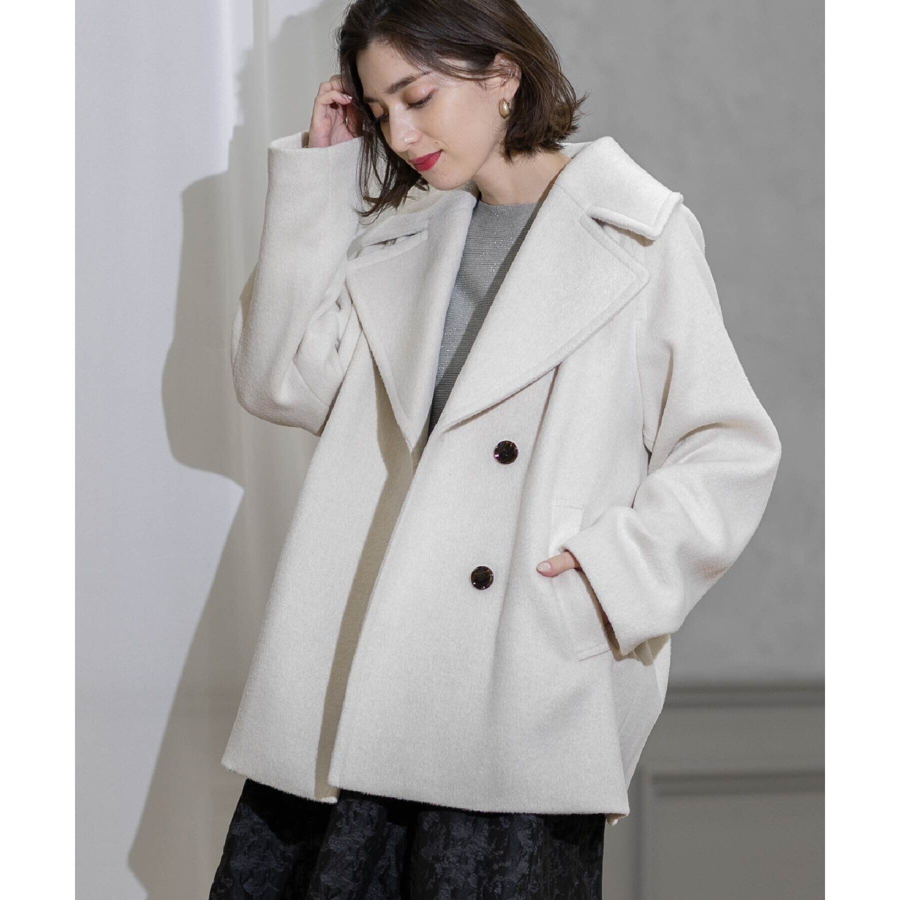 OPAQUE.CLIP「《S-LLsize》ウールカシミヤブレンド ミドルピーコート」|ピーコート|オフホワイト(003