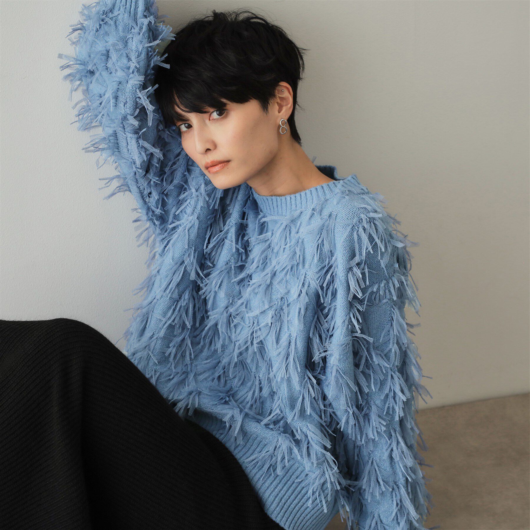 OPAQUE.CLIP「チュールテープヤーンニット【洗濯機洗い可】」|ニット・セーター|ブルー(092)