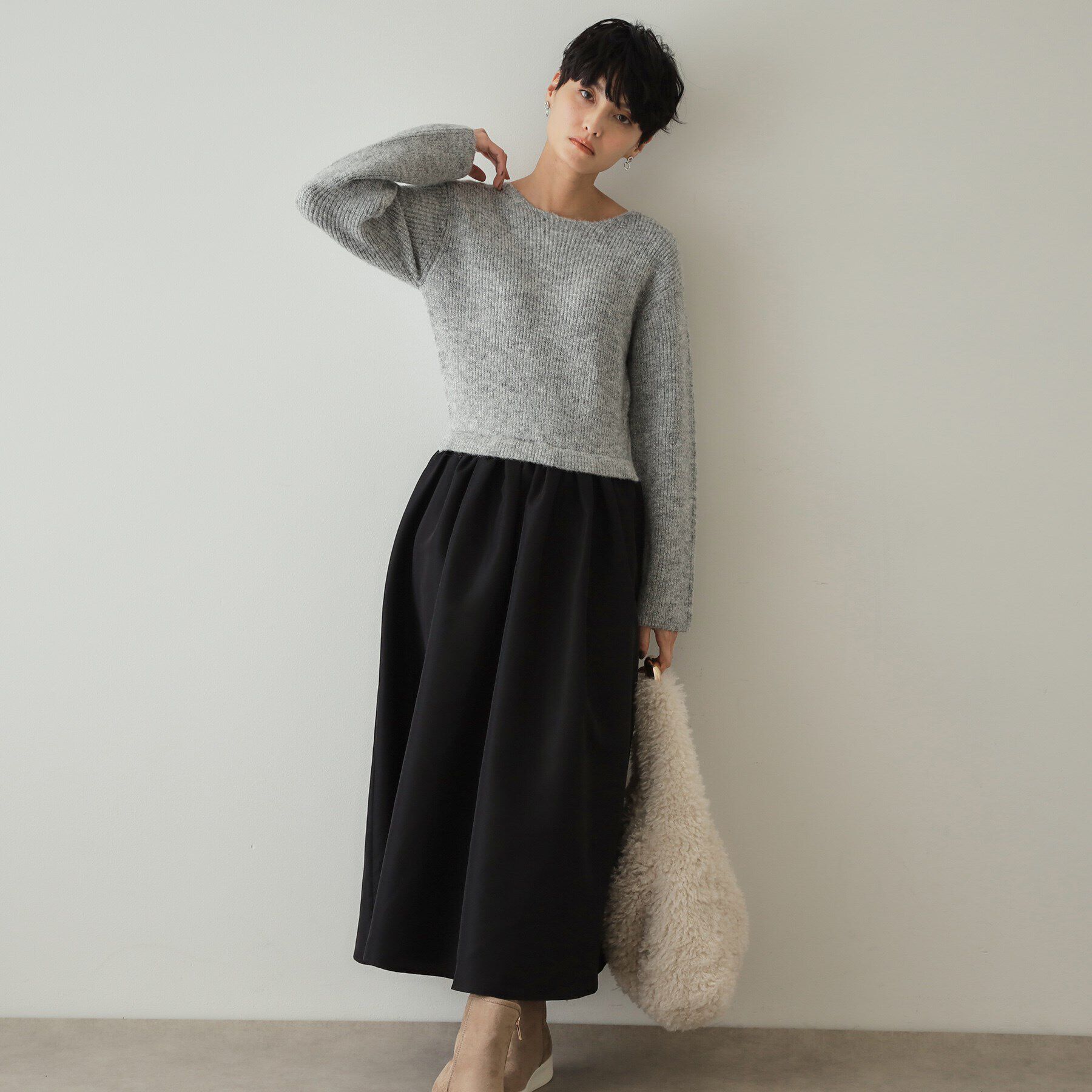 OPAQUE.CLIP「ラメ混ニット&times;フハクドッキングワンピース【洗濯機洗い可】」|ワンピース|グレー(512)