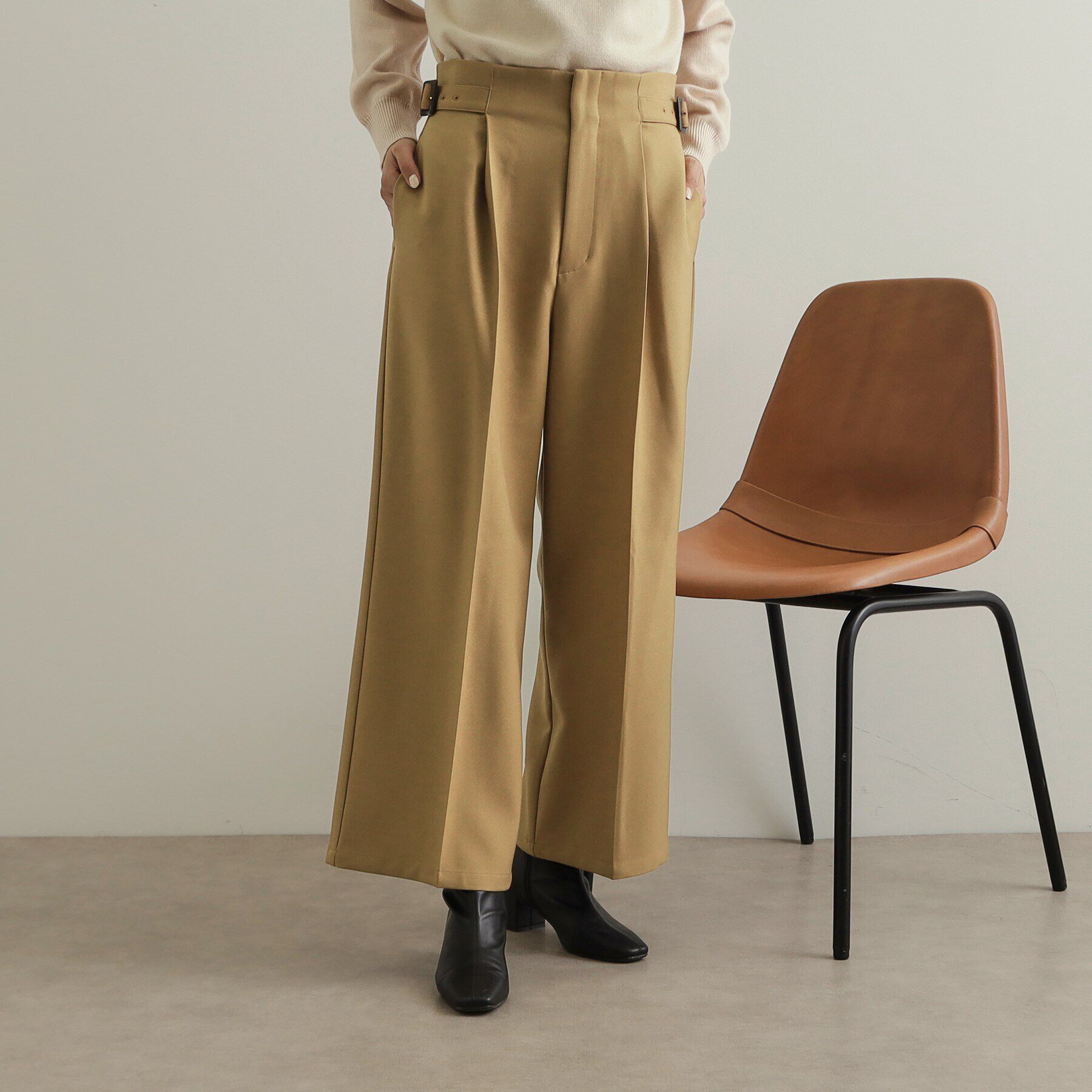 OPAQUE.CLIP「《美人百花掲載》サイドベルトワイドパンツ【洗濯機洗い可】」|その他|キャメルブラウン(0