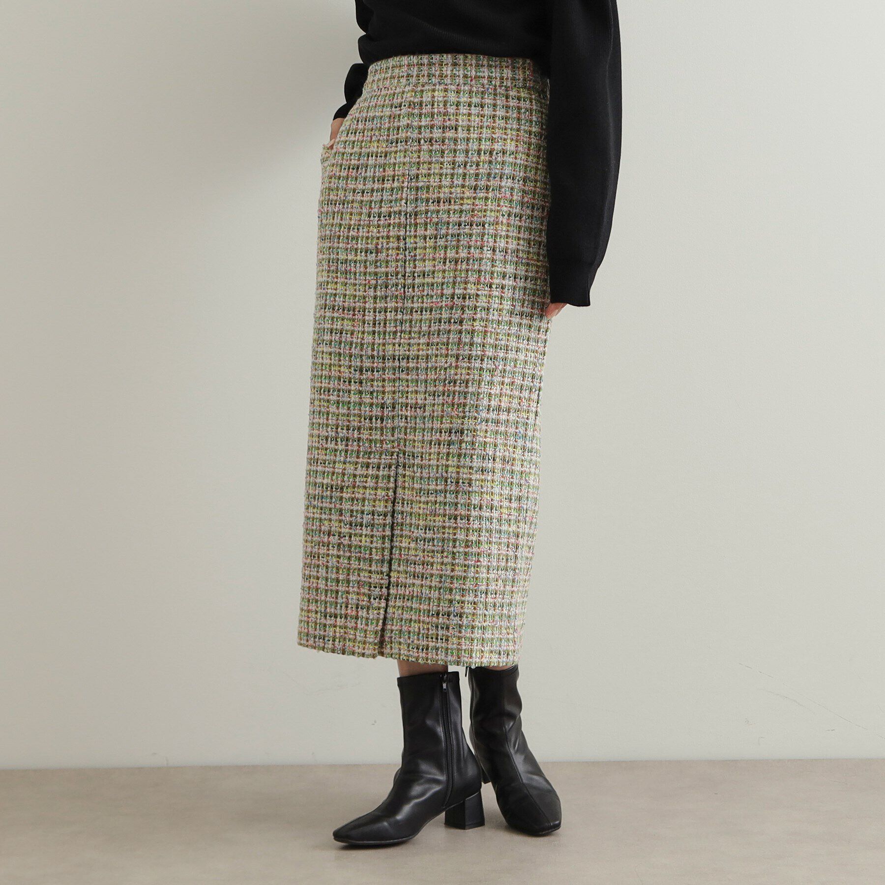 OPAQUE.CLIP「《Oggi掲載》ファンシーツイードナロースカート【洗濯機洗い可】」|スカート|グリーン(422)