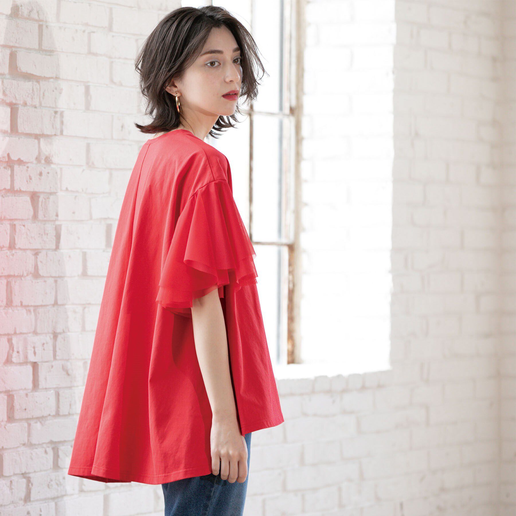 OPAQUE.CLIP「袖チュール重ねフレアトップス」|Tシャツ・カットソー|