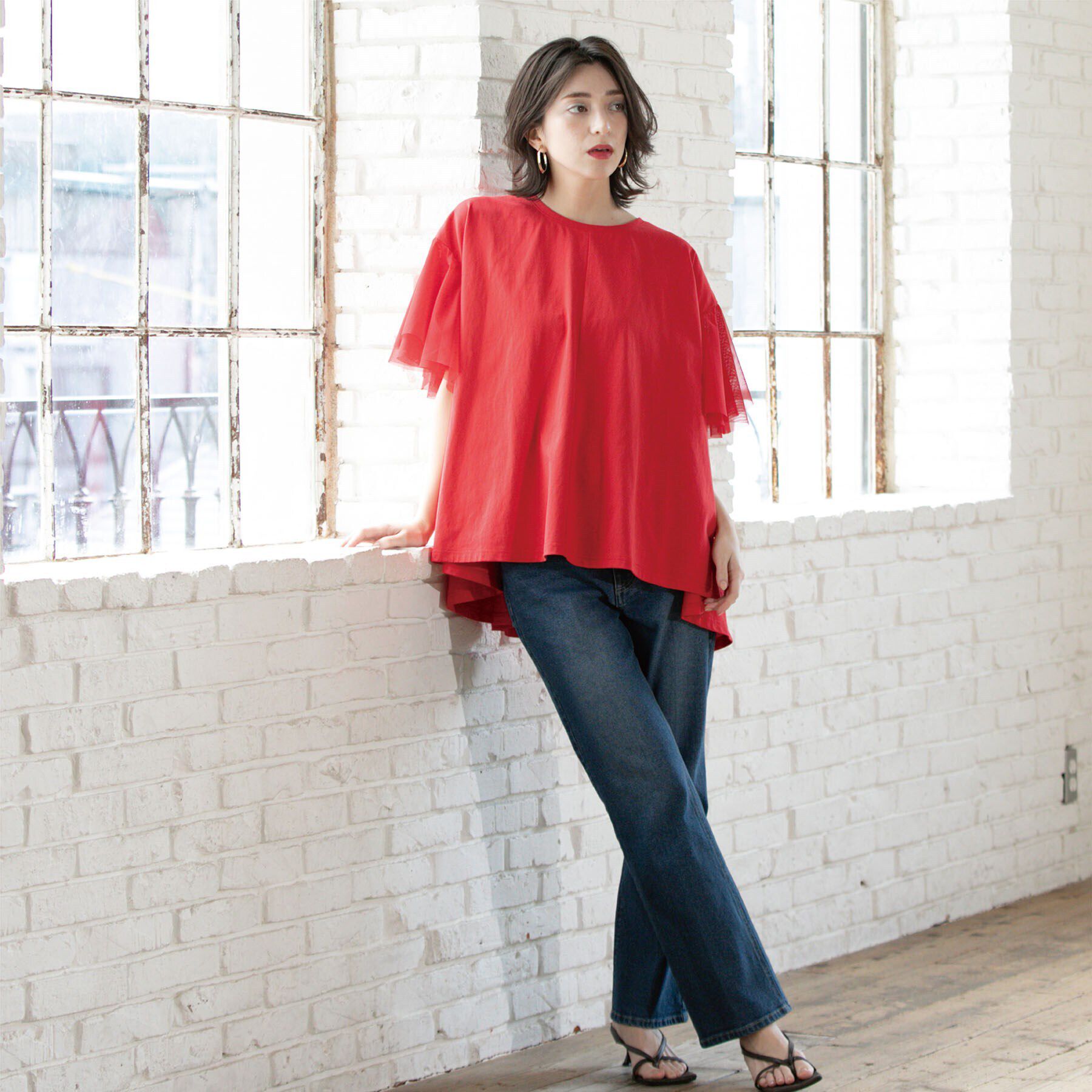 OPAQUE.CLIP「袖チュール重ねフレアトップス」|Tシャツ・カットソー|