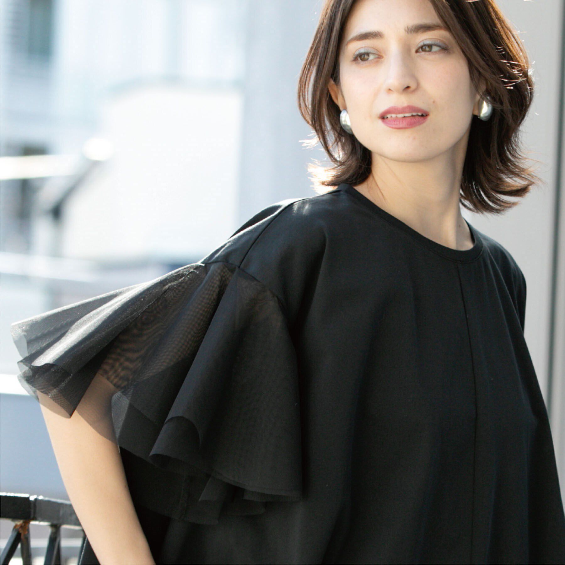 OPAQUE.CLIP「袖チュール重ねフレアトップス」|Tシャツ・カットソー|