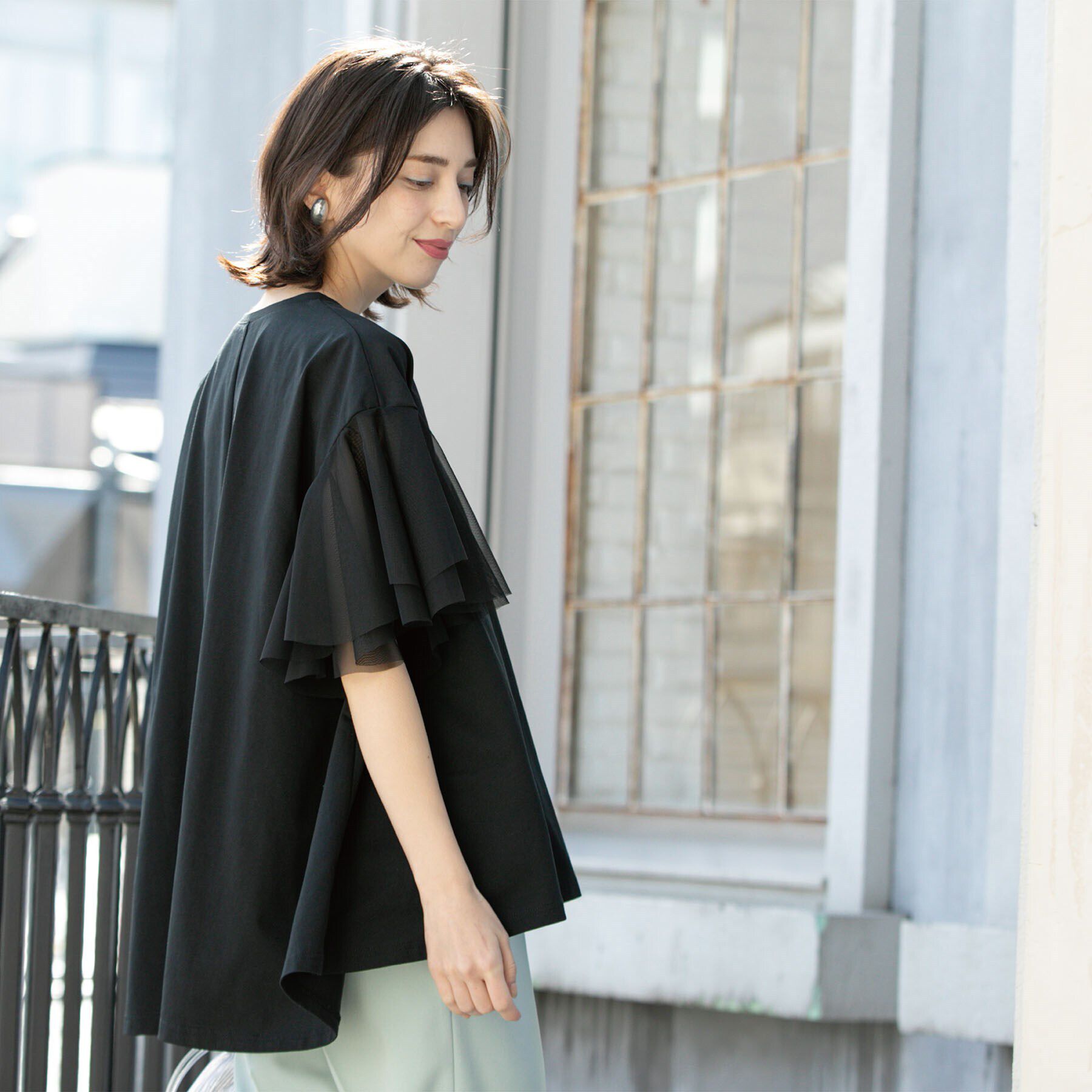 OPAQUE.CLIP「袖チュール重ねフレアトップス」|Tシャツ・カットソー|