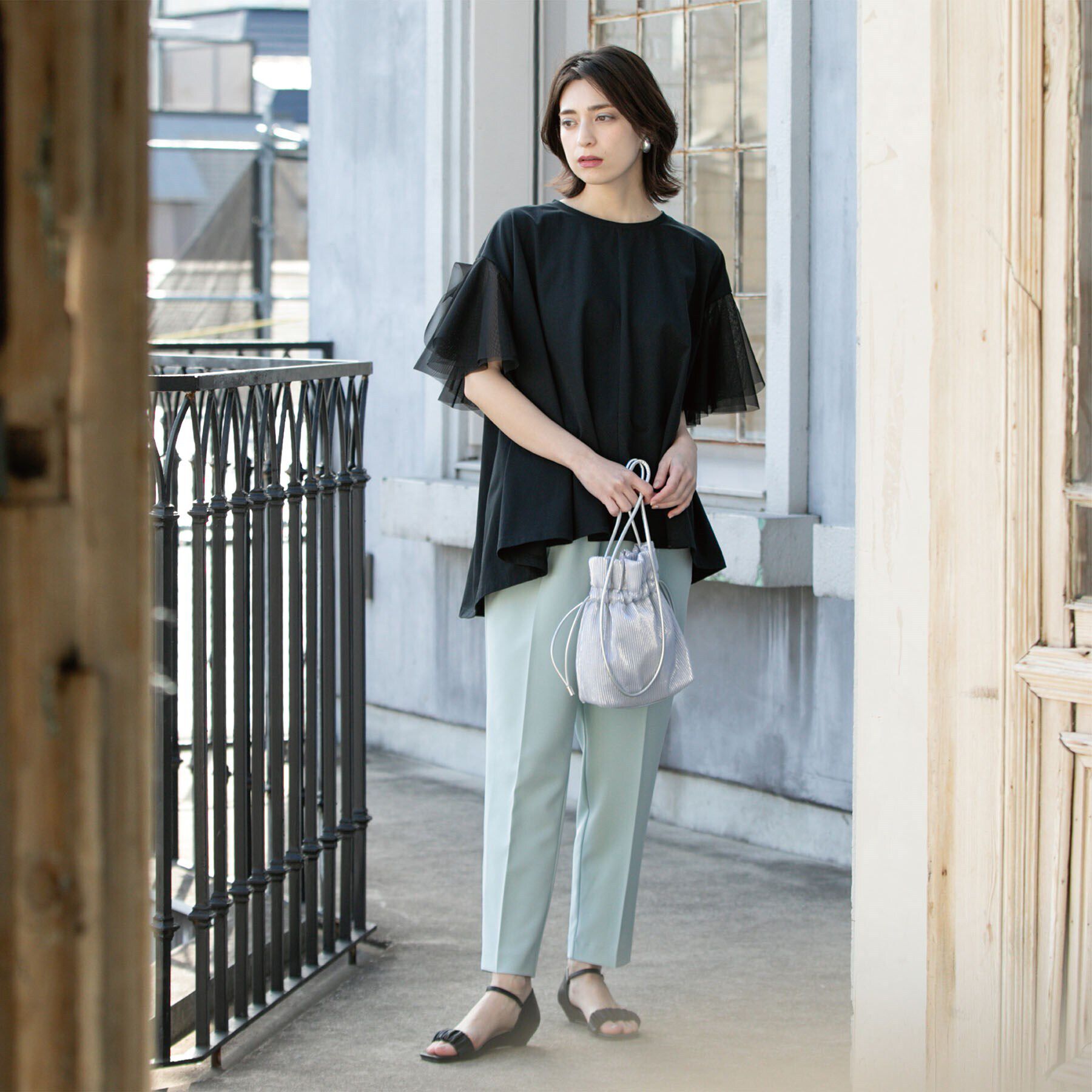 OPAQUE.CLIP「袖チュール重ねフレアトップス」|Tシャツ・カットソー|