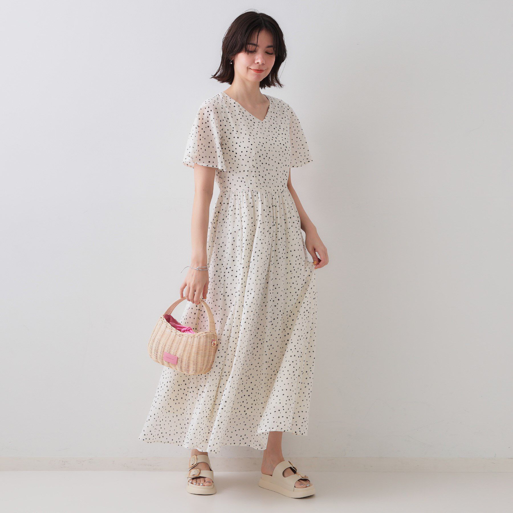 OPAQUE.CLIP「Vネックフィット＆フレアドレス/オーガニックコットン混【洗濯機洗い可】」|ワンピース|