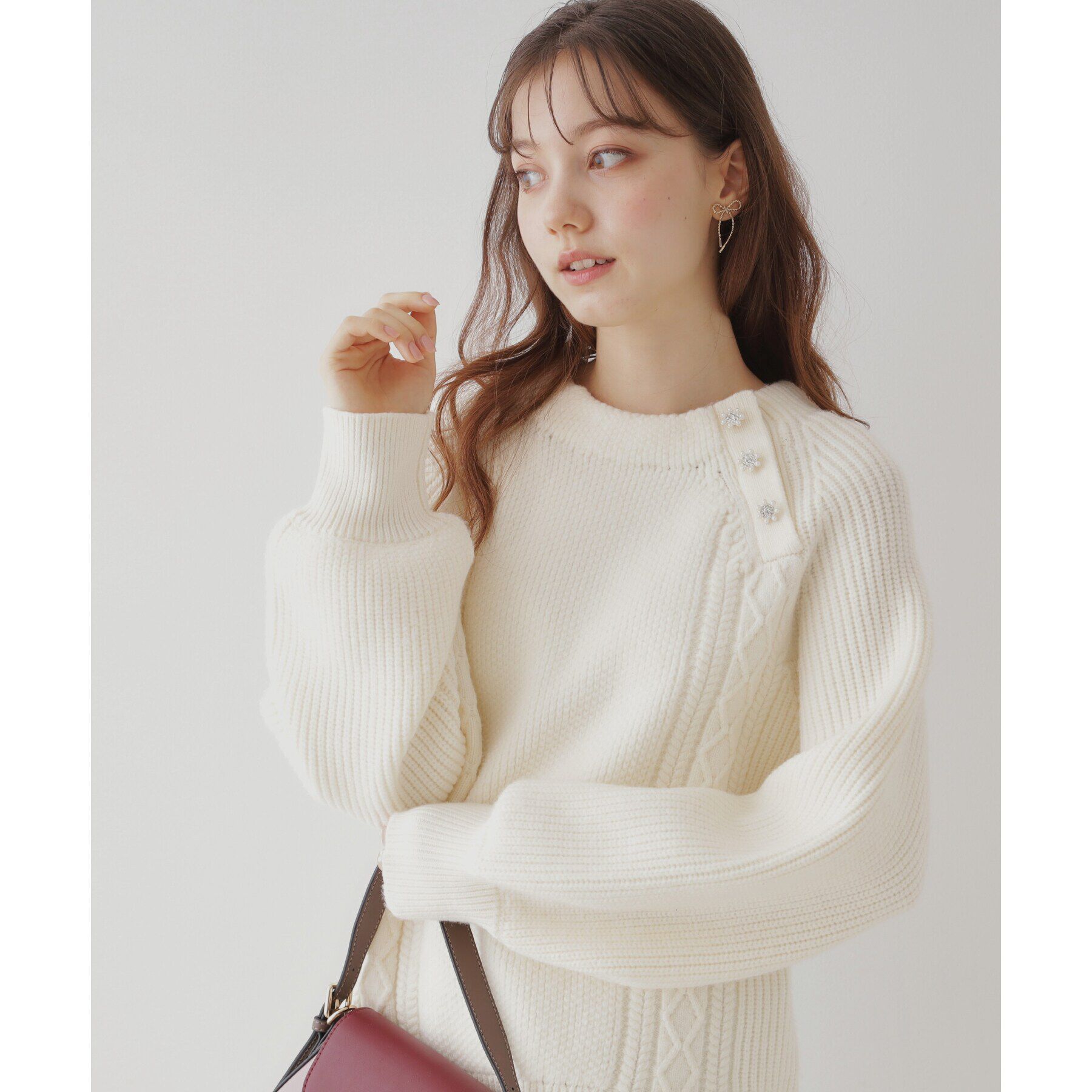 Couture broach「【大人フェミニン・ぽわん袖】スノー釦アラン柄ニット」|ニット・セーター|