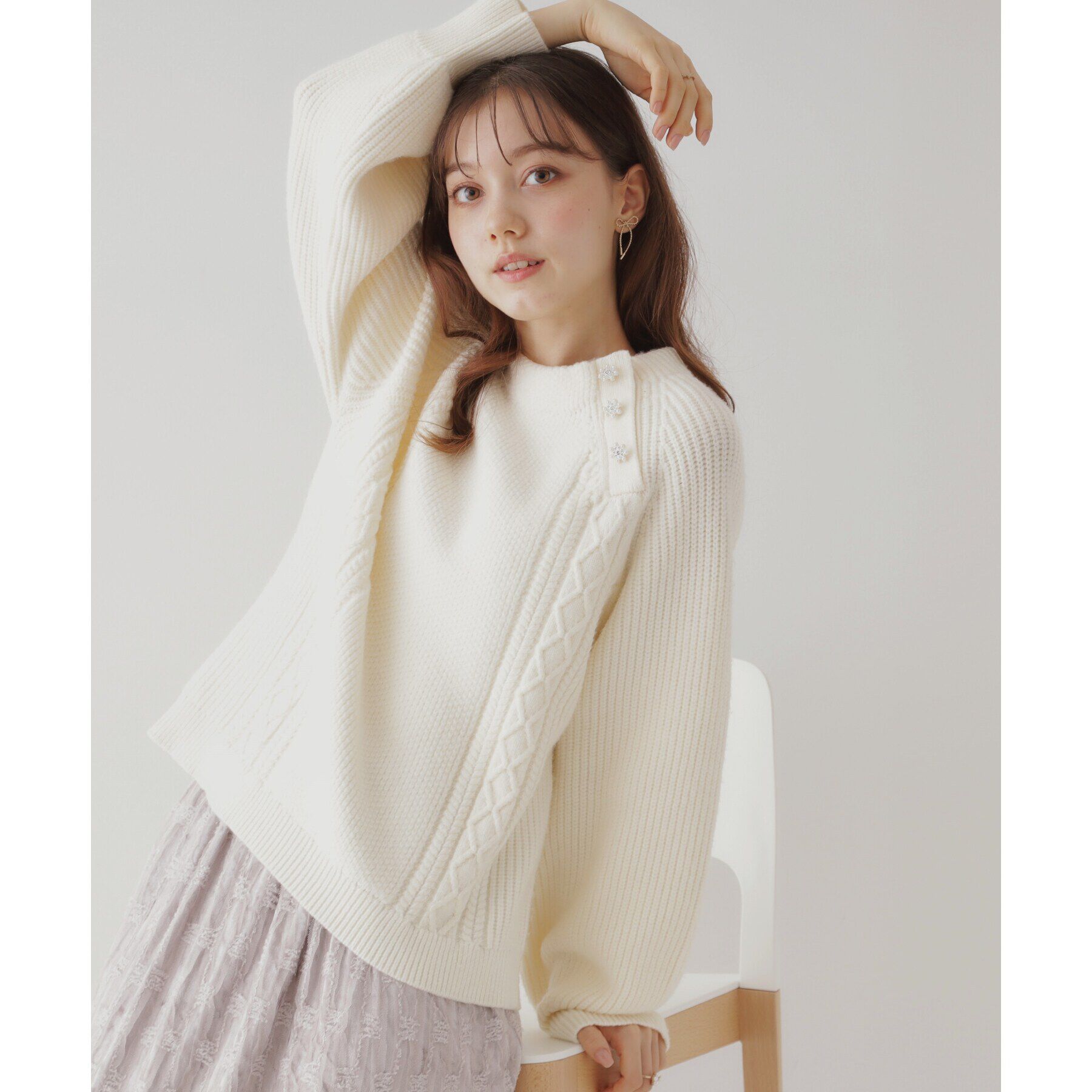 Couture broach「【大人フェミニン・ぽわん袖】スノー釦アラン柄ニット」|ニット・セーター|