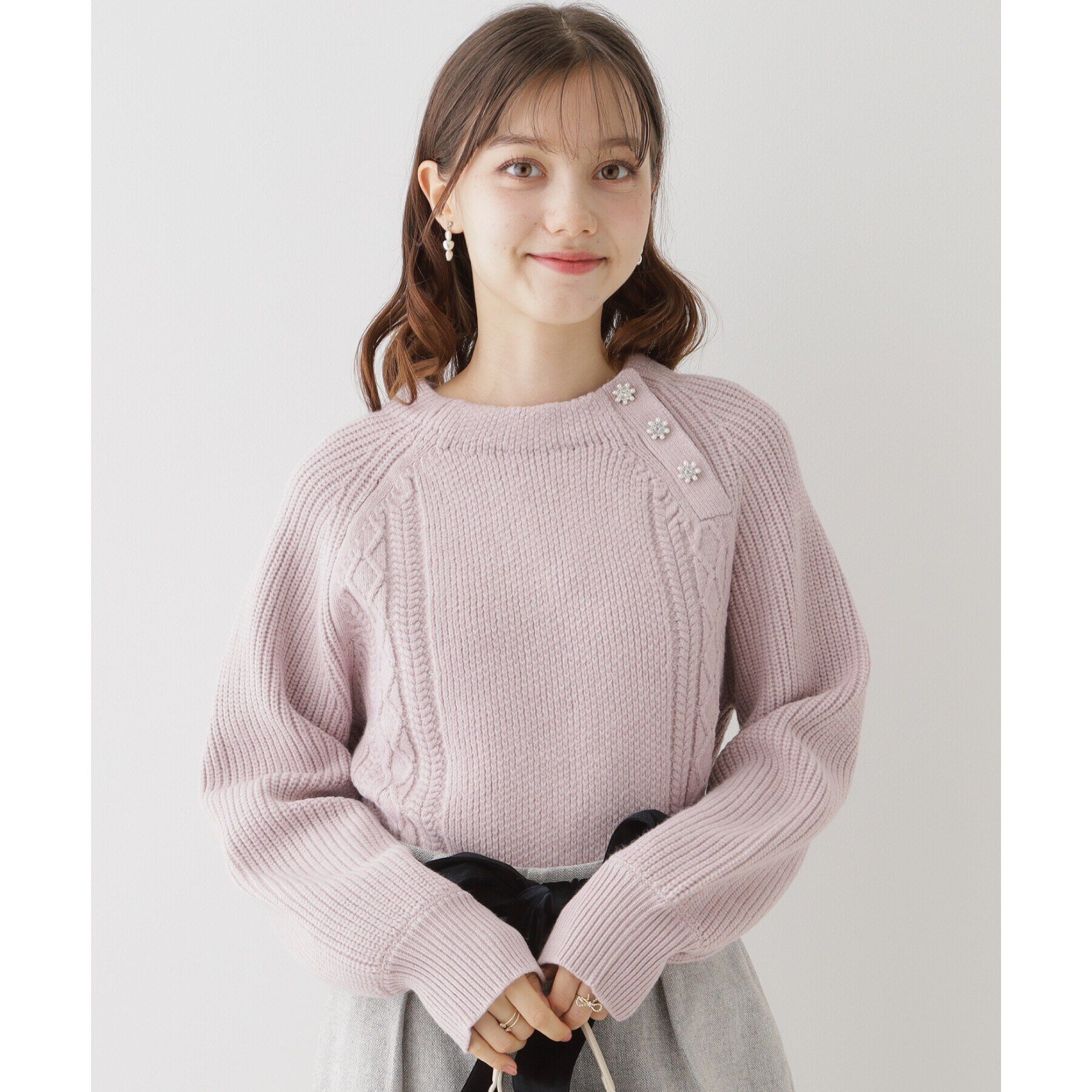 Couture broach「【大人フェミニン・ぽわん袖】スノー釦アラン柄ニット」|ニット・セーター|ﾗﾍﾞﾝﾀﾞｰ(080)