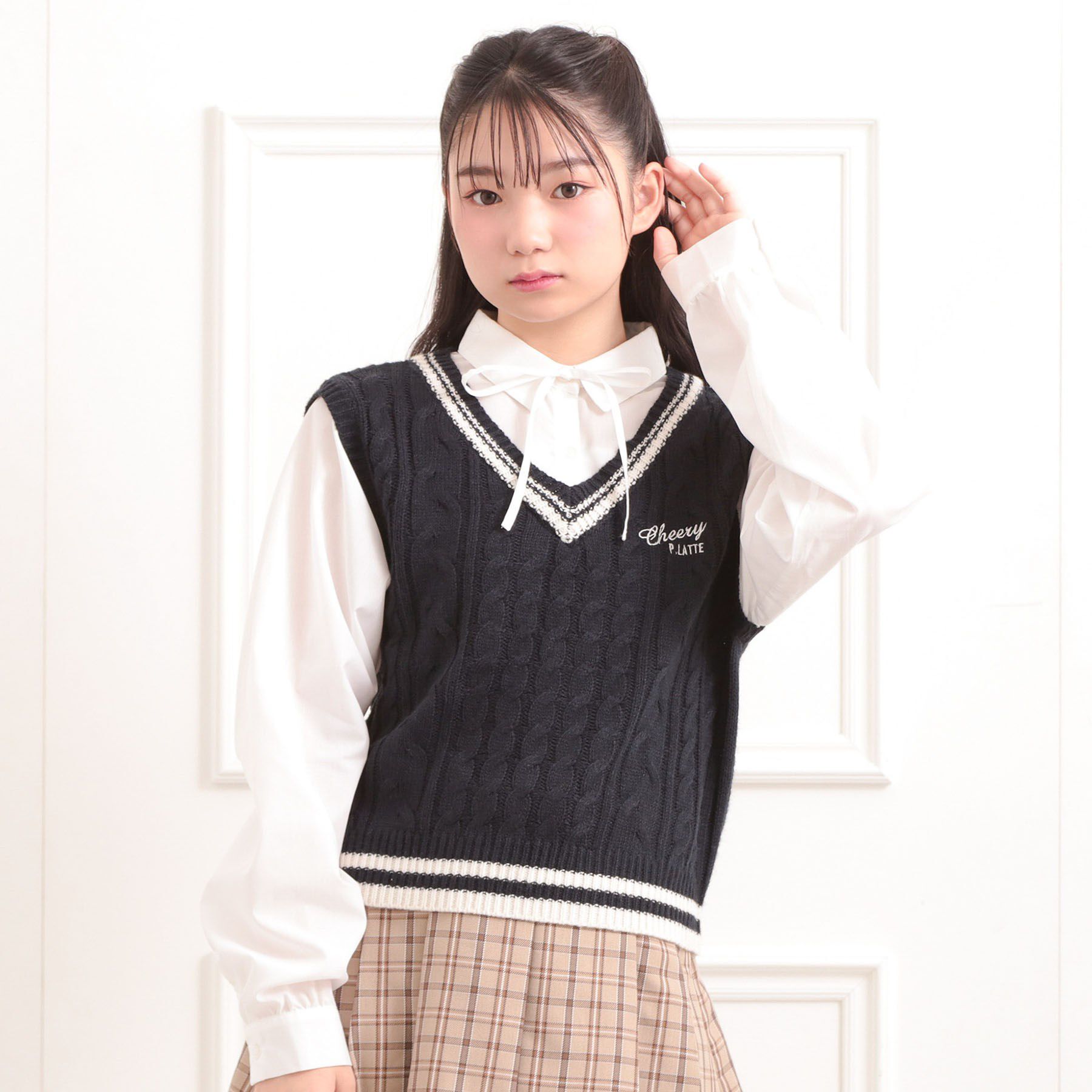 PINK-latte「ニットベストレイヤード長袖シャツ」|シャツ・ブラウス|ネイビー(094)