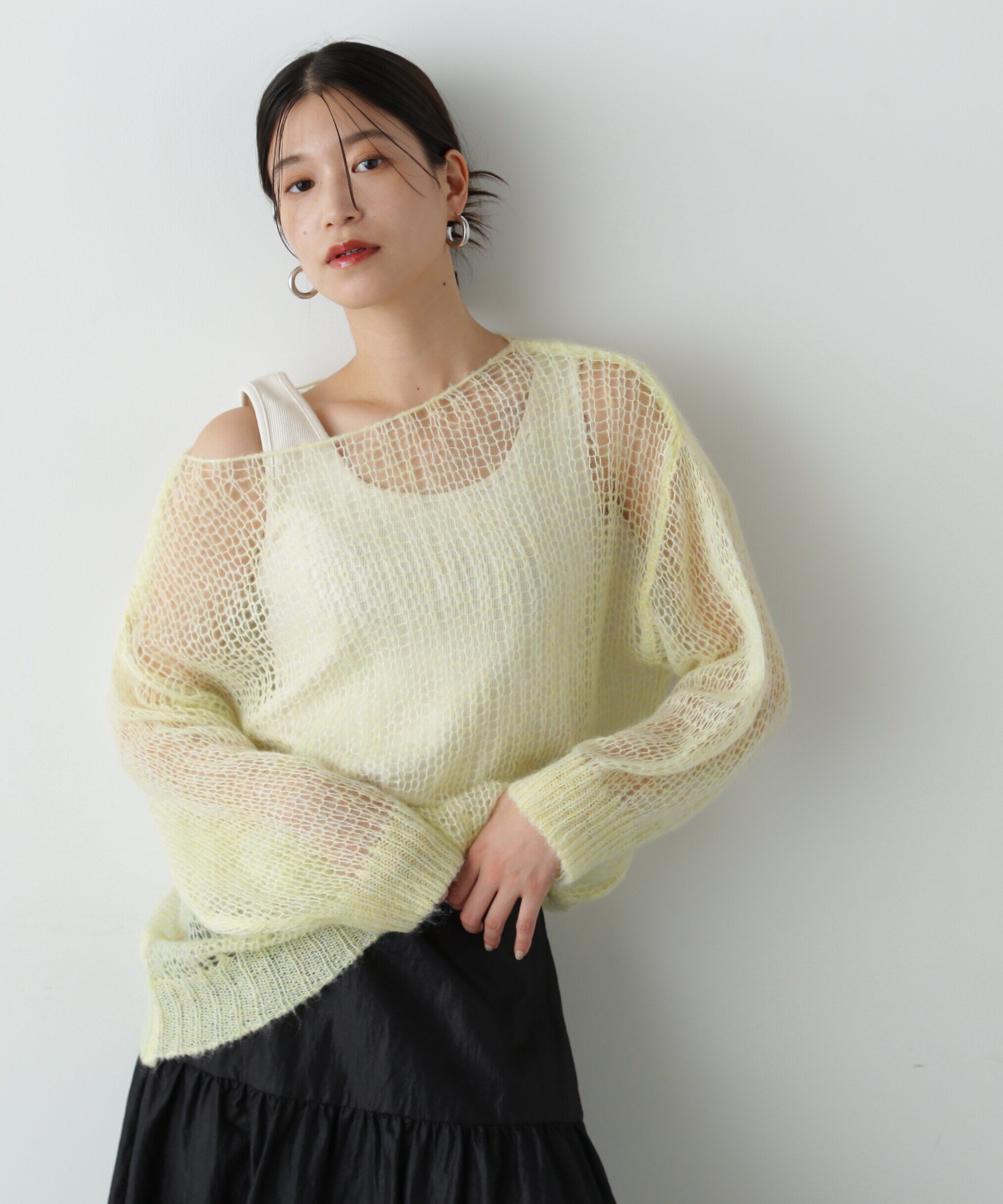  「透かし編みモヘヤ混ニット」|ニット・セーター|イエロー