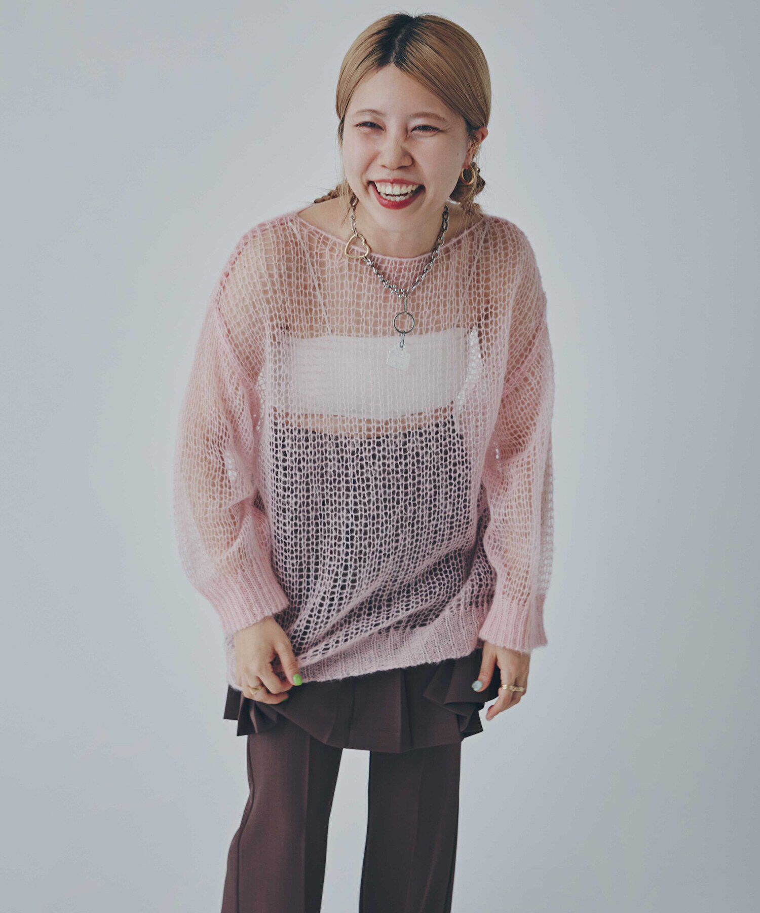  「透かし編みモヘヤ混ニット」|ニット・セーター|ピンク