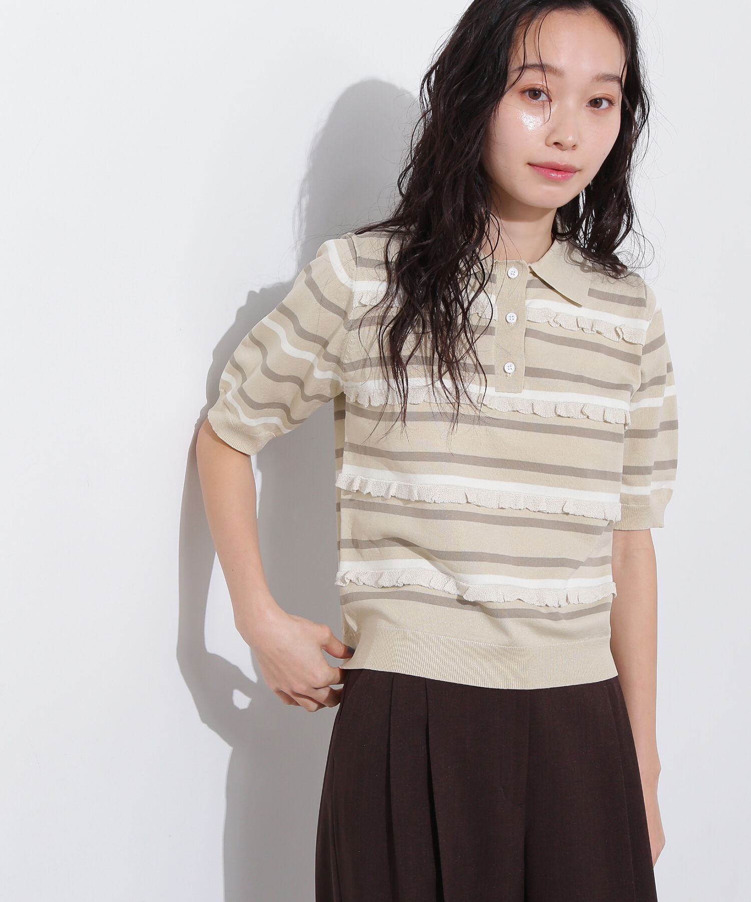  「ミックスボーダーポロニット」|ニット・セーター|ベージュ2