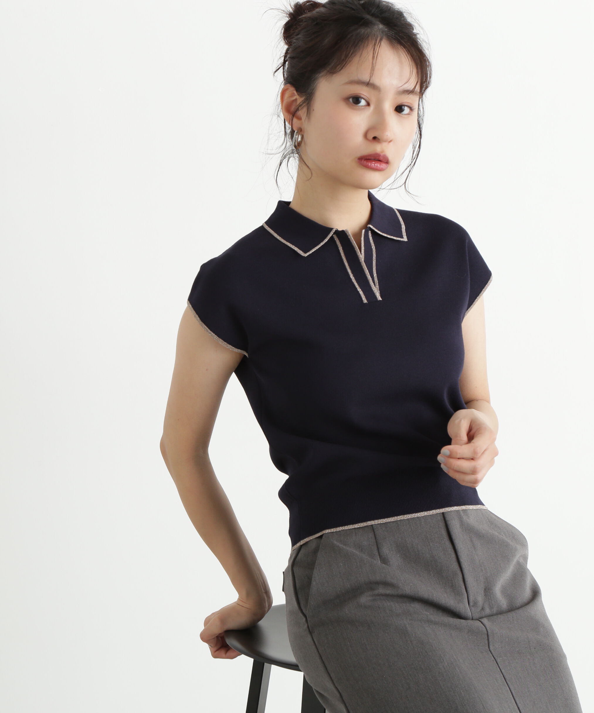  「ラメラインスキッパーポロニット」|ニット・セーター|