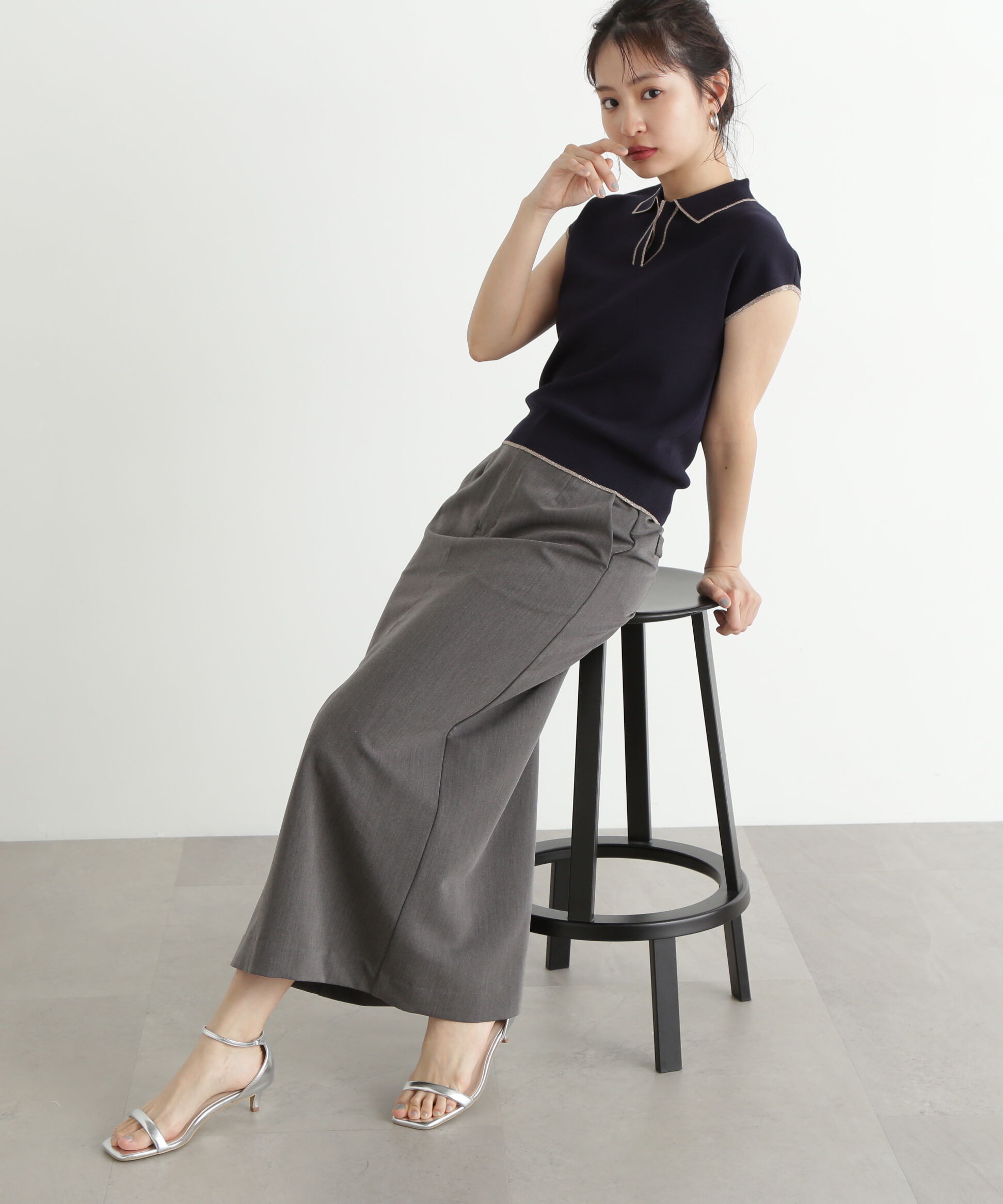  「ラメラインスキッパーポロニット」|ニット・セーター|