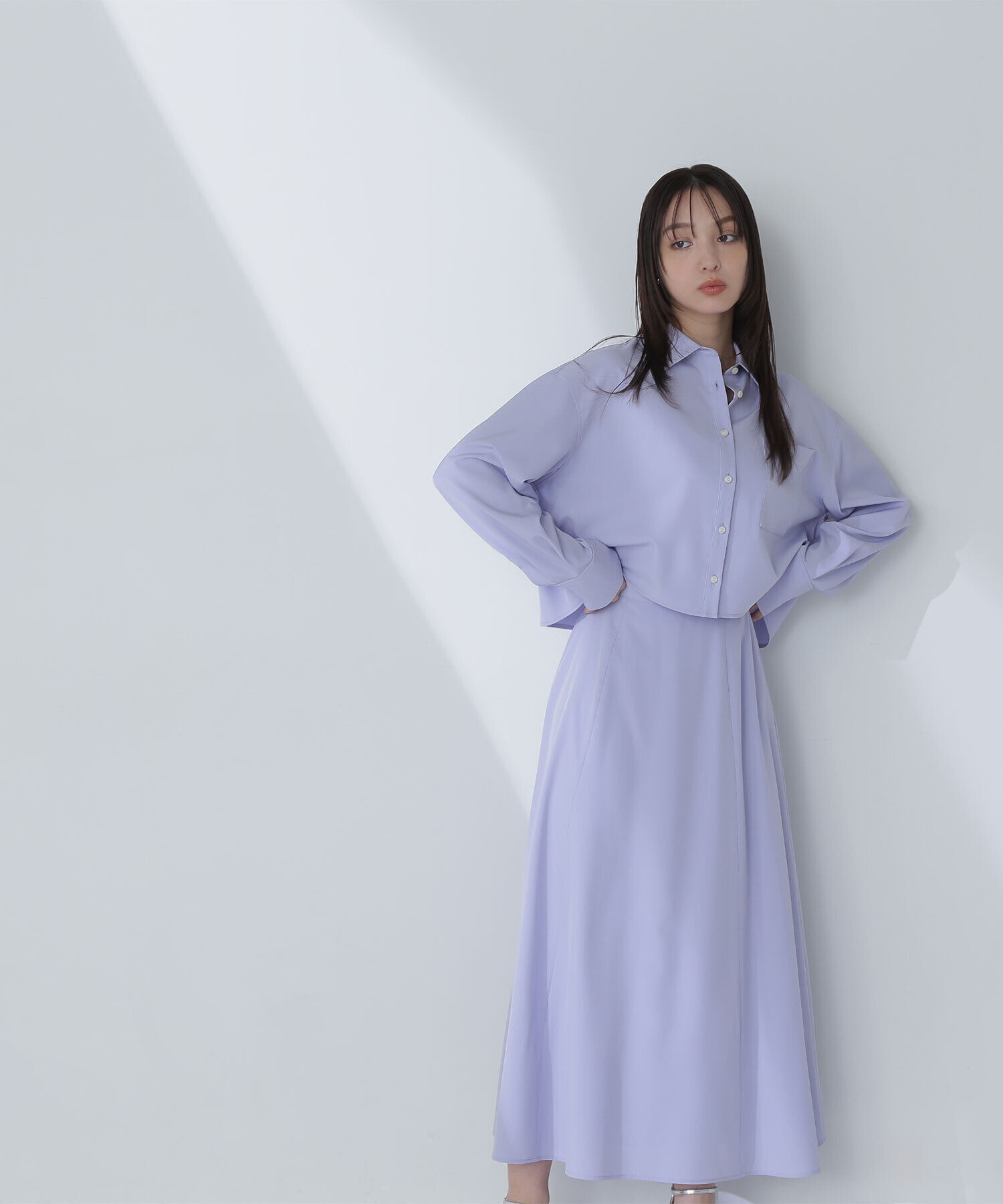  「クロップドシャツ＆フレアスカート」|ワンピース|ブルー